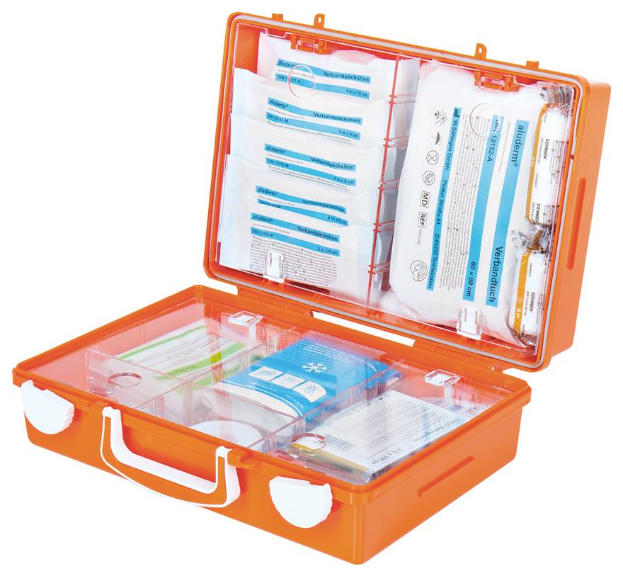 Orange första hjälpen-låda öppen, visar organiserade nödläkemedelskärl och instruktionsblad inuti en genomskinlig plastkassett.