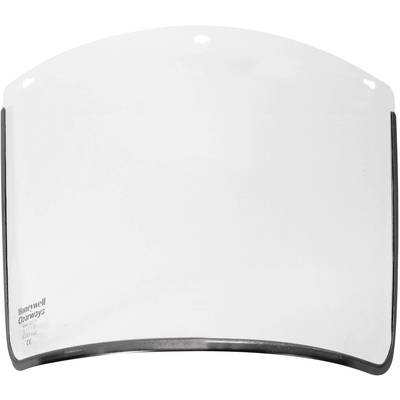 En genomskinlig ansiktsskärm med svart kant från Honeywell, lämplig för användning som säkerhetsutrustning inom industrin.