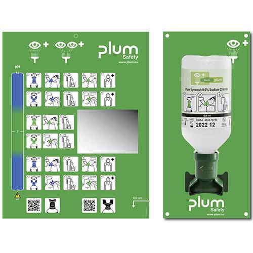 'Plum Safety'-skylt med instruktioner för ögonspolning. Illustrationer visar steg-för-steg-proceduren. Innehåller pH-skala.