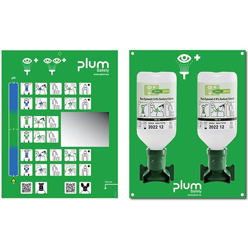 Bilden visar två gröna tavlor med instruktioner för ögonspolning och nödflaskor från 'Plum Safety.' Till vänster finns instruktioner och till höger flaskorna.