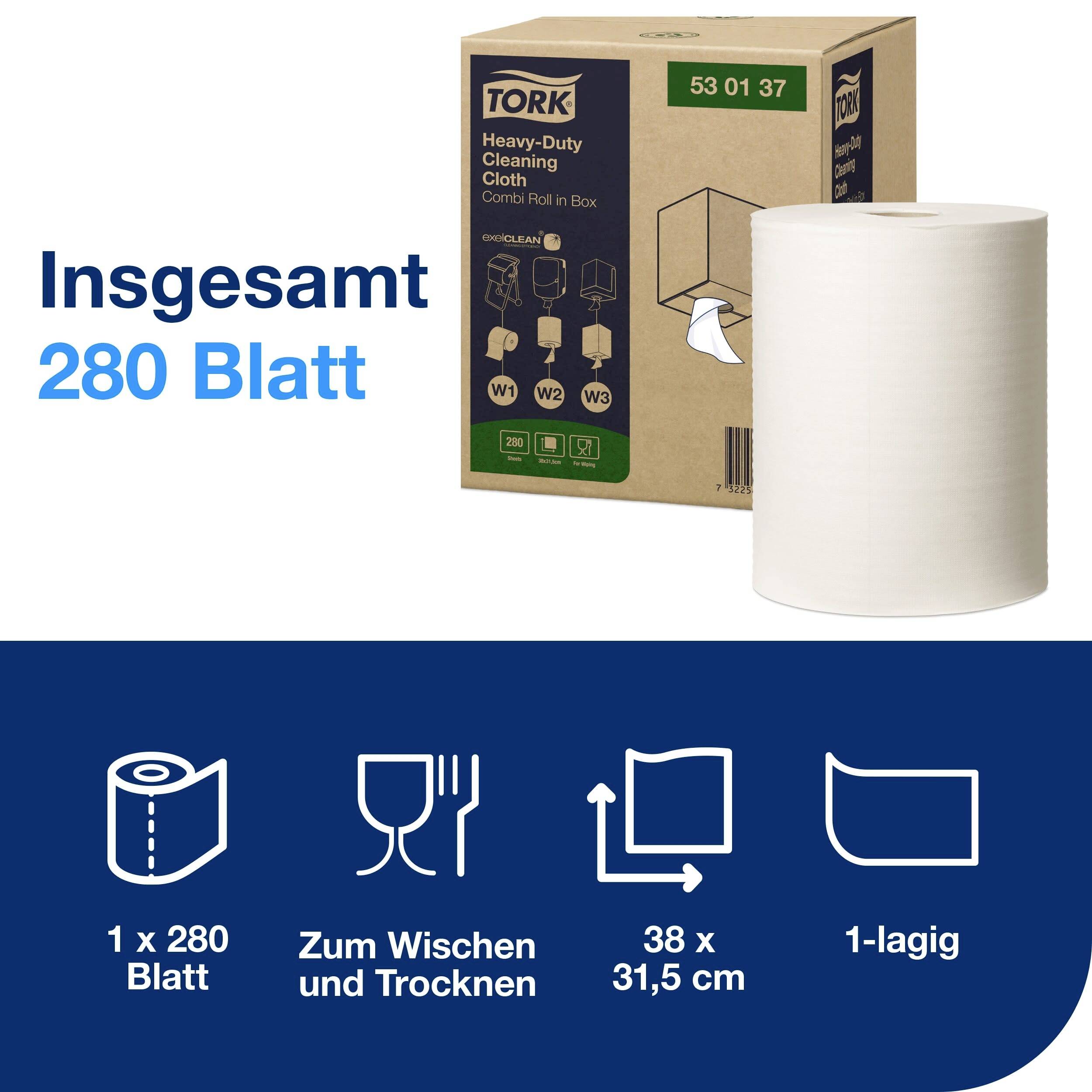 'Förpackning och rulle med Tork rengöringsdukar, totalt 280 ark. Perfekt för torkning och rengöring, 1-skikts, 38 x 31,5 cm.'