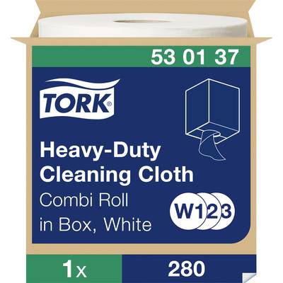 Tork putstrasa, stark, vit färg. Kartongen innehåller kombinationsrulle med 280 ark. Modellnummer: 53 01 37.