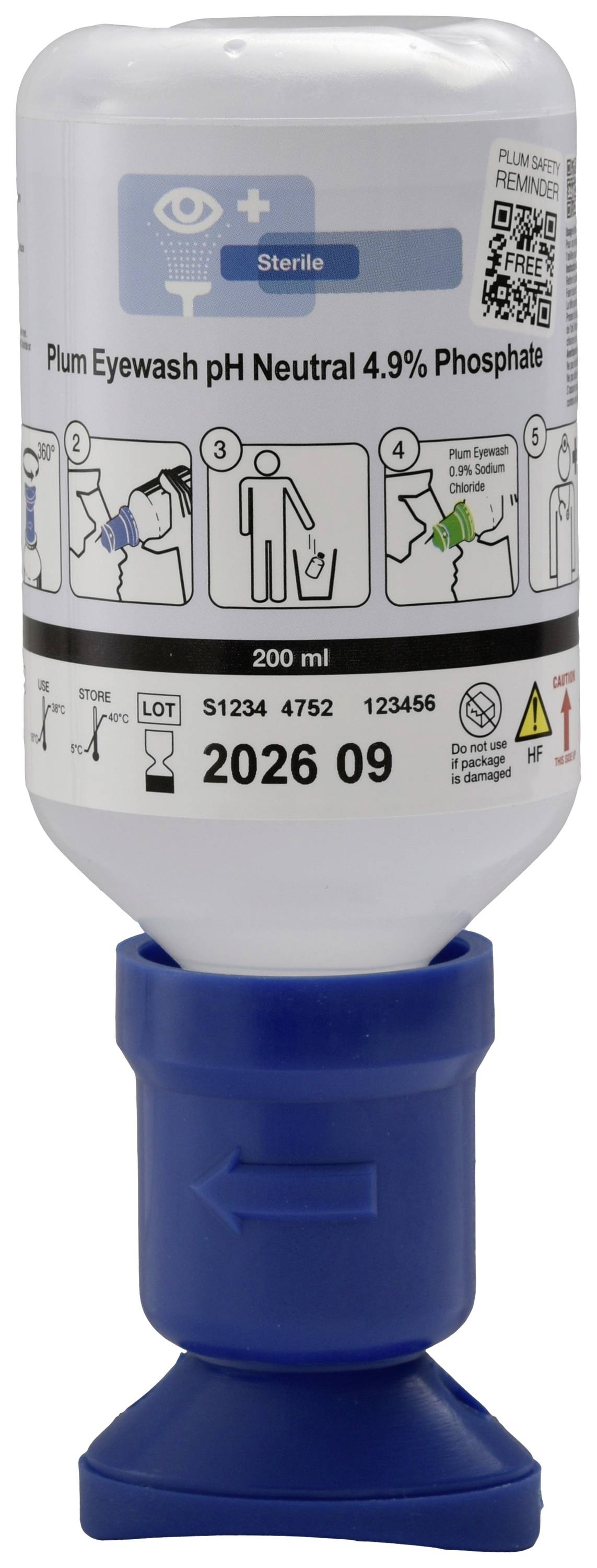 Ögonduschflaska, pH-neutral, 200 ml. Innehåller 4,9 % fosfat. Bruksanvisningen visar fyra steg för användning vid olyckstillfälle.