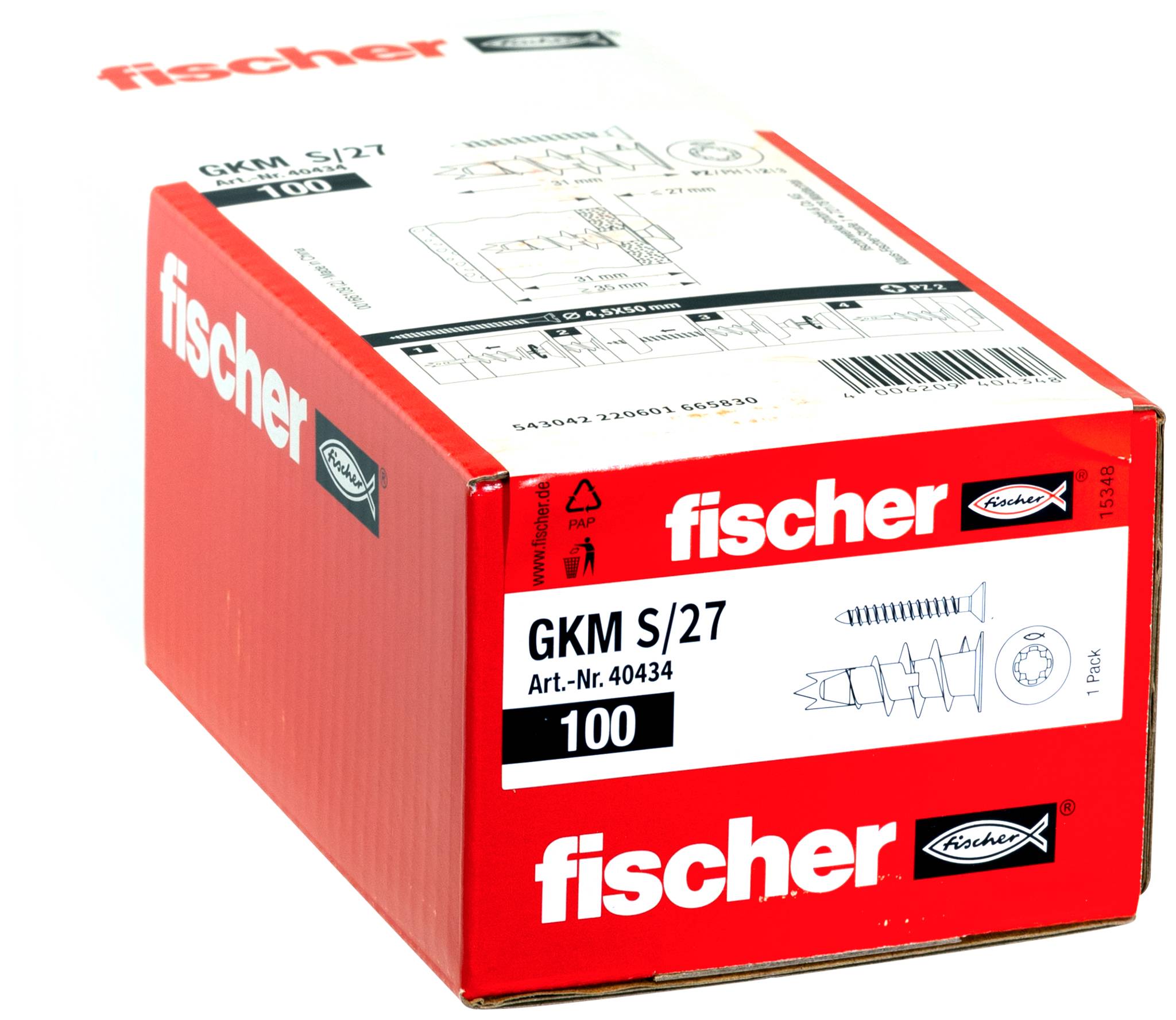 Red Fischer förpackningslåda märkt "fischer" och "GKM S/27", visar en skruvankarprodukt med kvantitet 100.