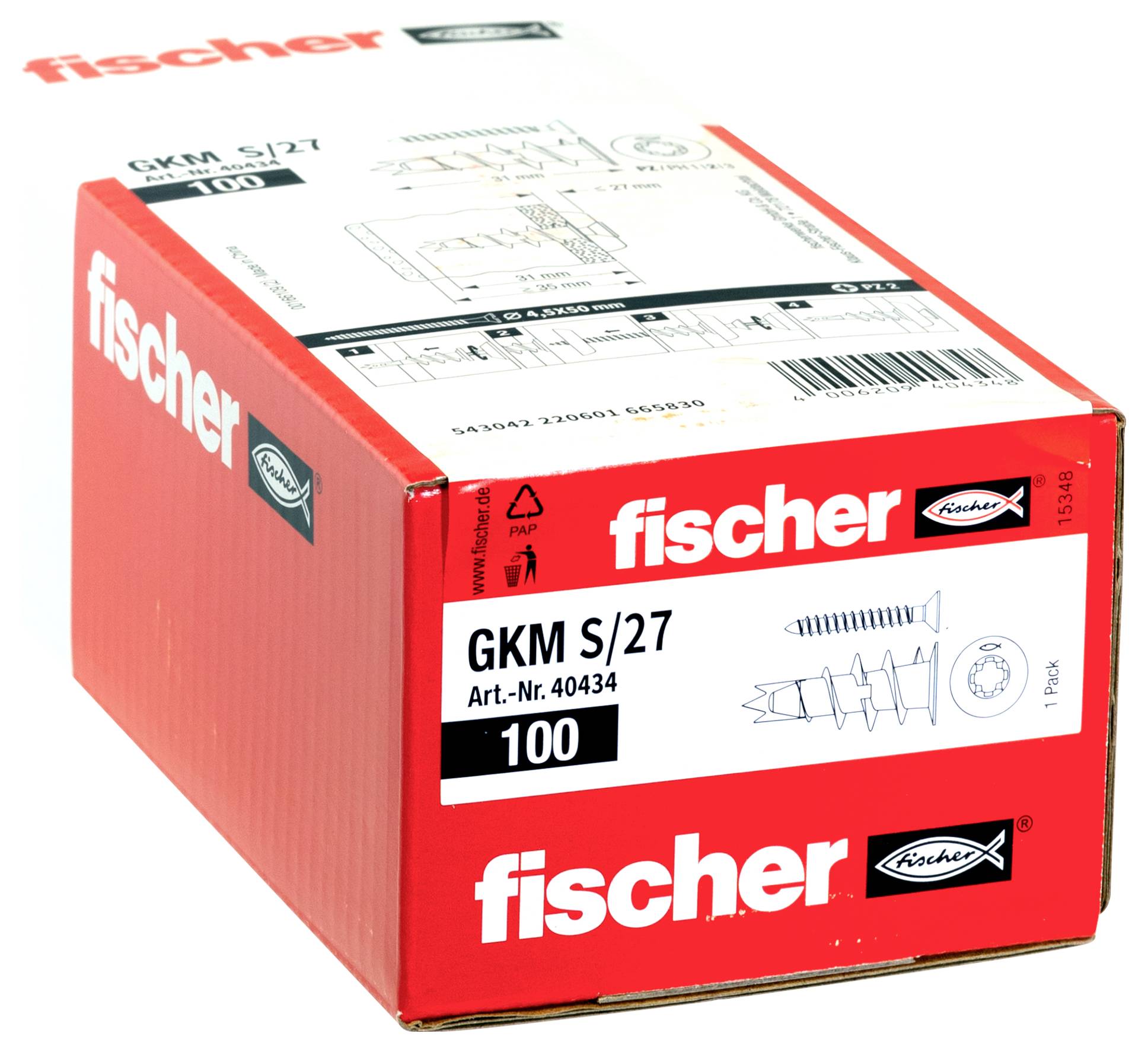 Röd Fischer-produktlåda märkt med "fischer" och "GKM S/27", som visar väggankarväggar, 100-pack.