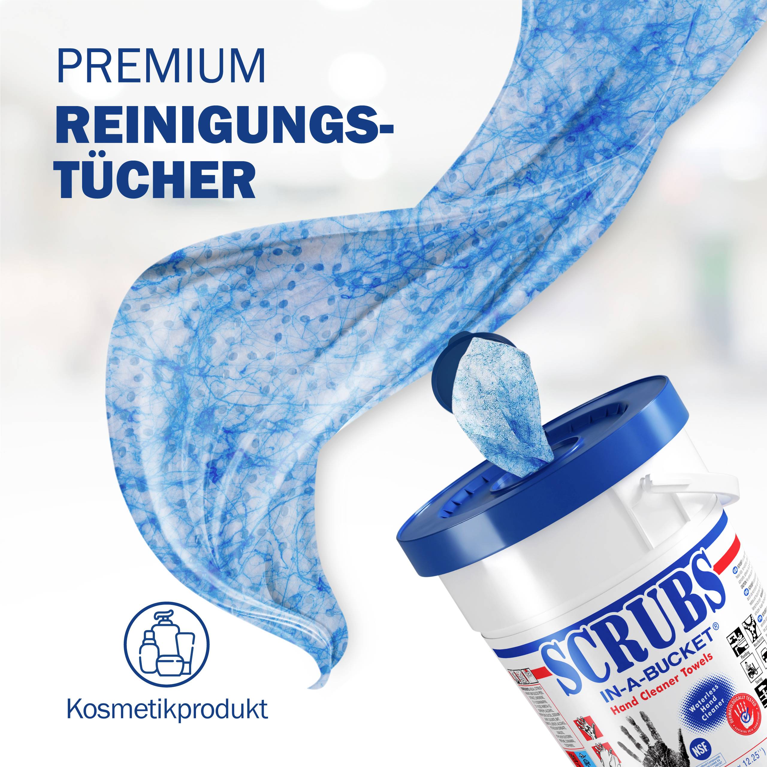 Behållare med blå rengöringsdukar med texten 'PREMIUM RENGÖRINGSDUKAR'. En duk sticker upp. Till vänster en symbol för kosmetiska produkter.