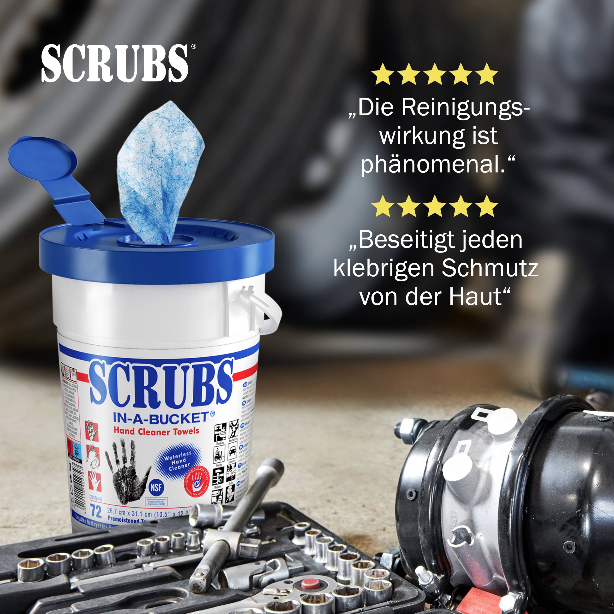 En hink med SCRUBS rengöringsdukar bredvid verktyg, text 'Rengöringseffekten är fenomenal.' och 'Avlägsnar all smuts från huden.'