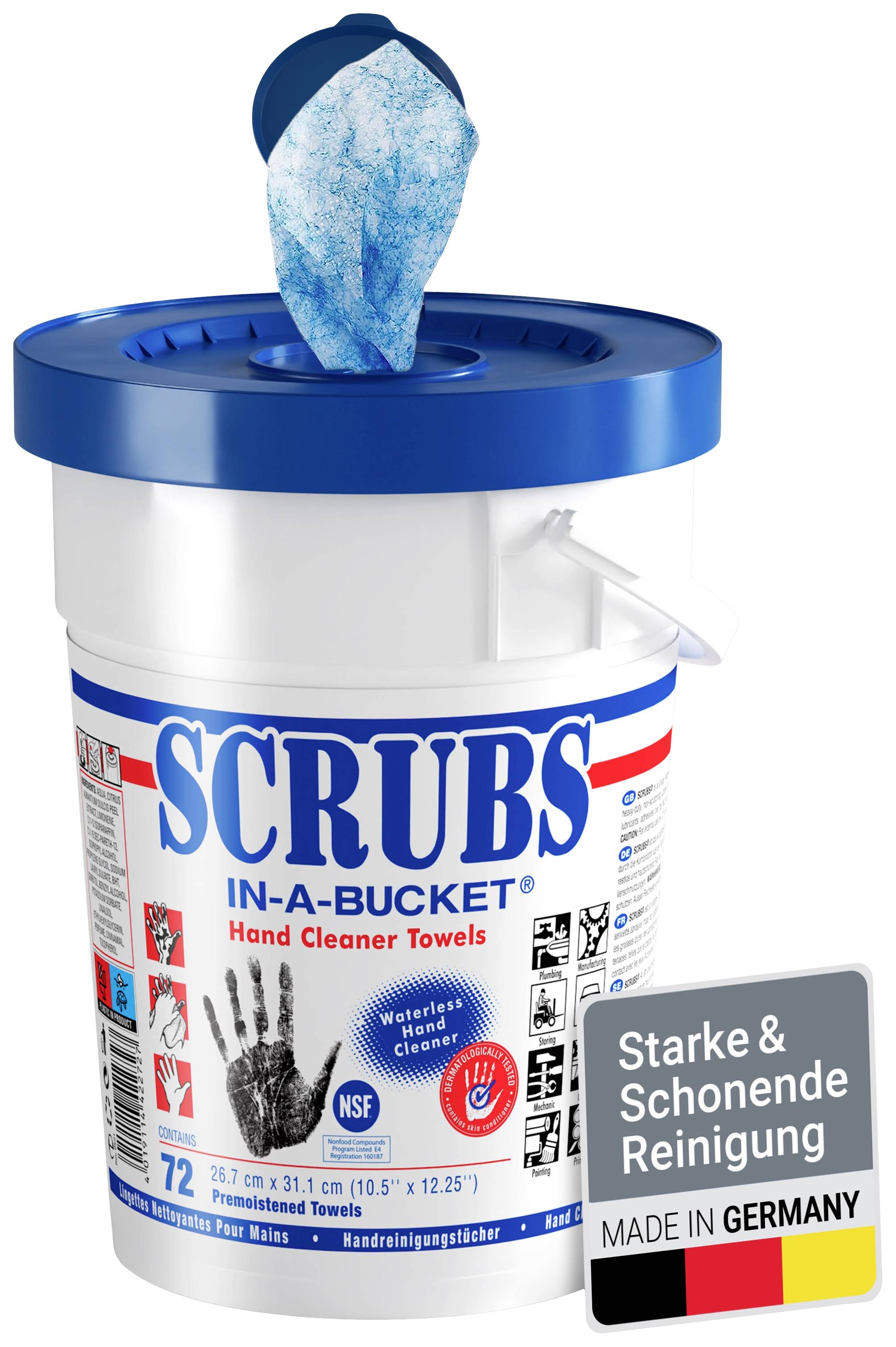 En hink med rengöringsdukar 'SCRUBS', specialiserade på handrengöring. Påskrift: 'Stark & skonsam rengöring.' Tillverkad i Tyskland.