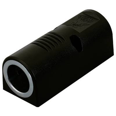 En svart adapterstickkontakt med ett honligt kontaktuttag och en symbol på som antyder elektrisk spänning.