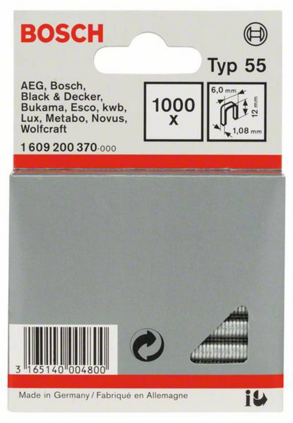 Smalryggsklammer typ 55 - 6 x 1,08 x 12 mm 1000 st Bosch Accessories 1609200370 Mått (L x B) 12 mm x 6 mm