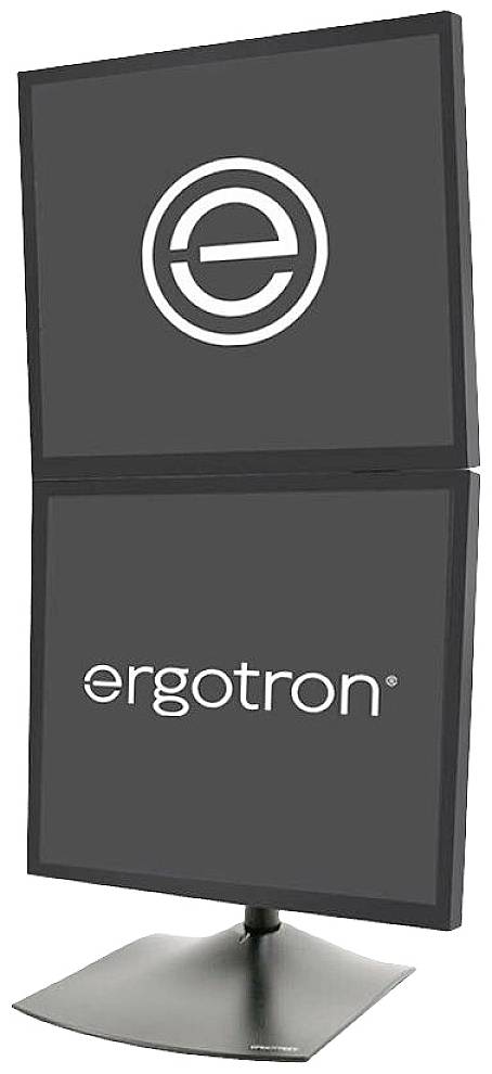 Ergotron dubbel bordsstativ med två staplade skärmar, visar Ergotron-logotypen på varje skärm.