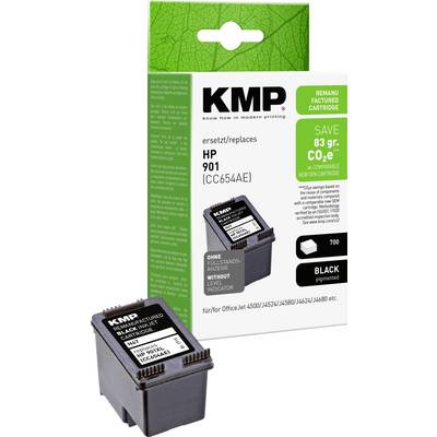 KMP omfabrikerad svart bläckpatron för HP 901-skrivare, visad med dess lådeförpackning och patron avbildad framför.