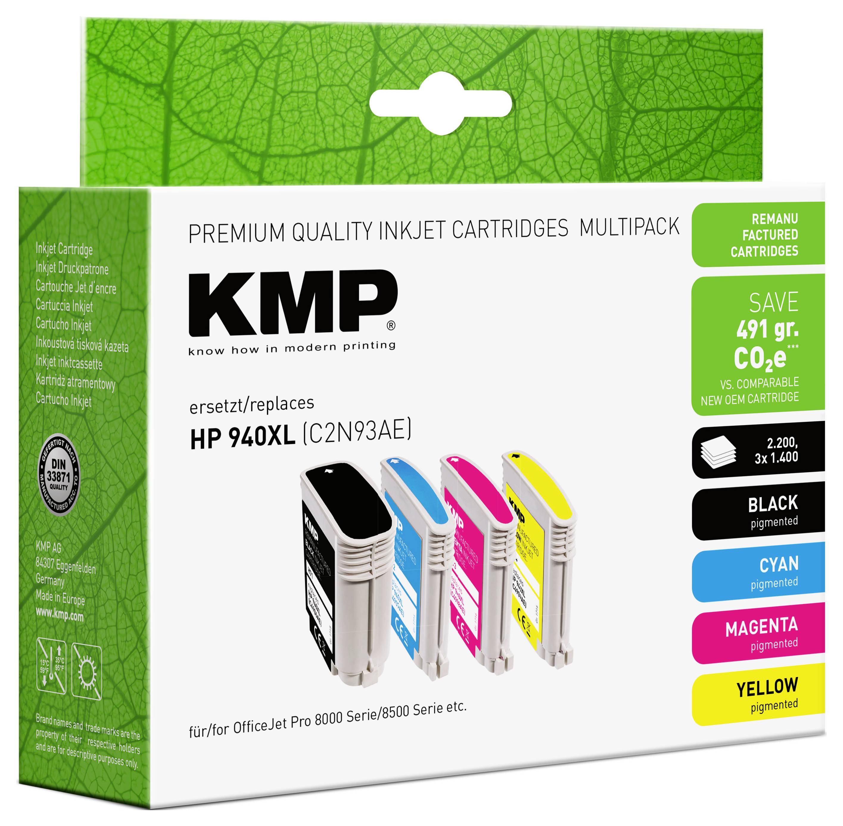 Låda med KMP premiumkvalitets bläckstrålekassetter för HP 940XL, visar svarta, cyan, magenta och gula kassetter med kompatibilitet och sparetiketter.
