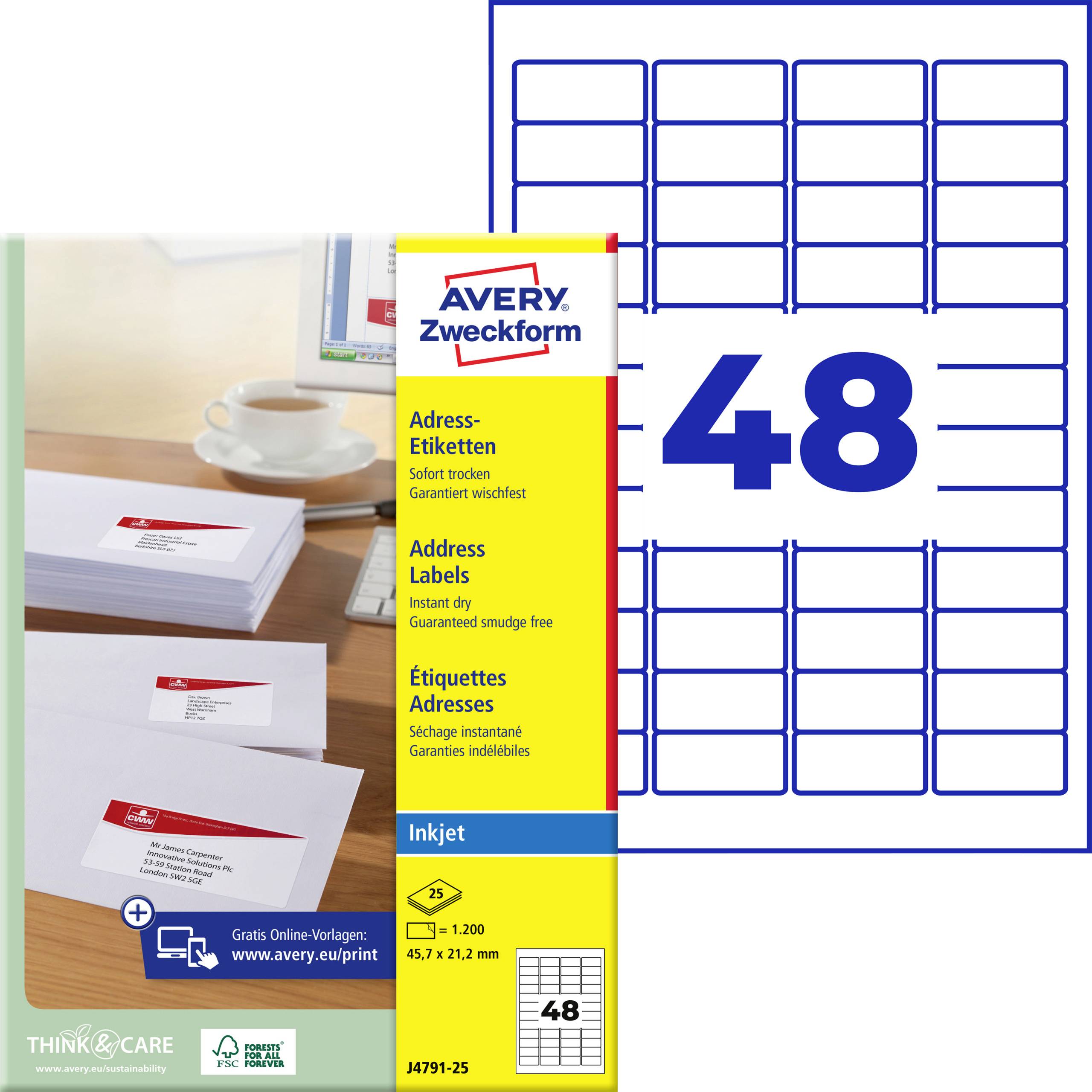 Avery Zweckform etikettpaket för bläckstråleskrivare, visar mallark med 48 adressetiketter och provutskrivna etiketter på ett skrivbord.