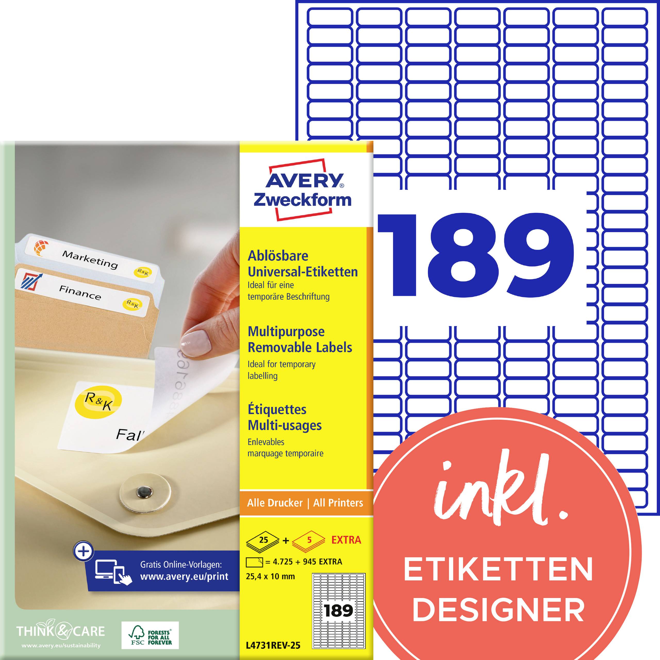Avery Zweckform etikettark paket för flyttbara universella etiketter, storlek 25,4 x 10 mm, 189 etiketter, med inkluderad etikett designer.