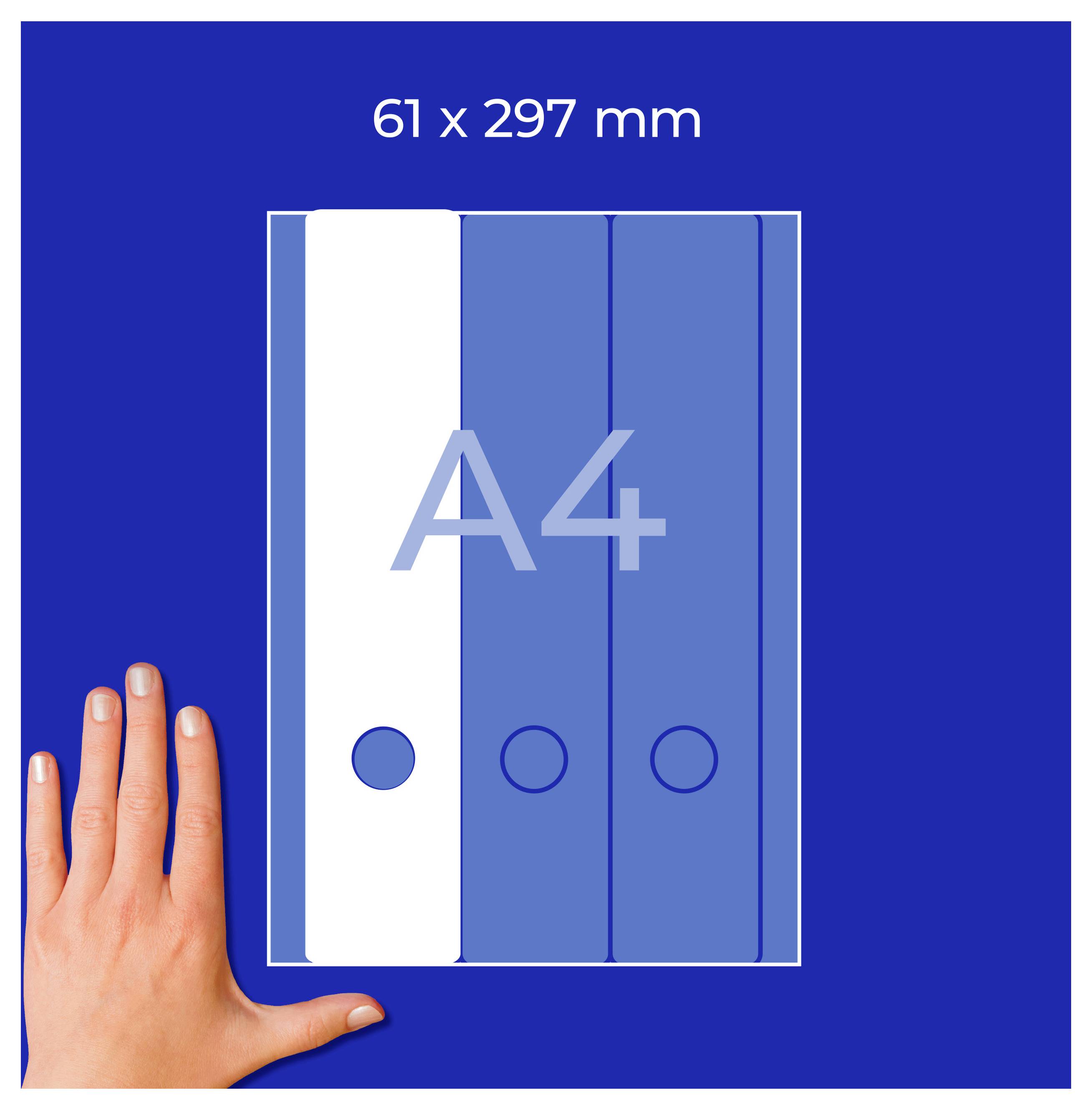 Illustration av ett A4-format med måttangivelse "61 x 297 mm" och mappgrafik; hand visar storleksjämförelse nere till vänster.