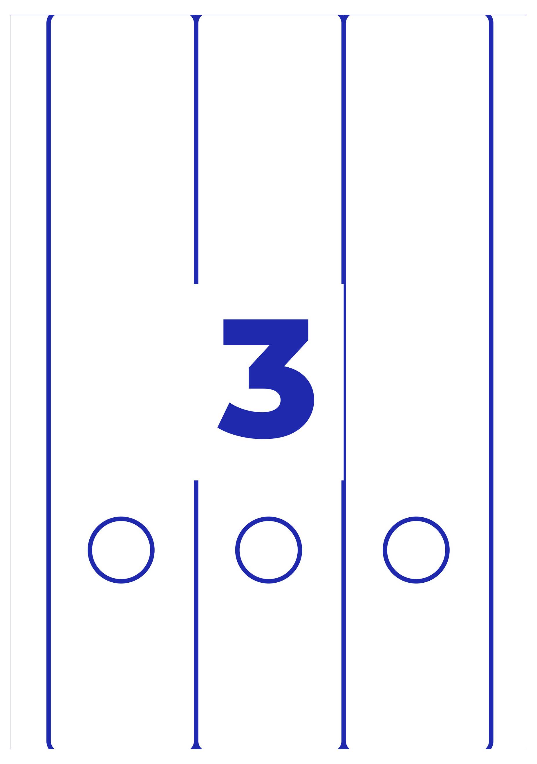 Stiliserad blå siffra "3" i mitten, under den tre tomma cirklar; abstrakt layout med vertikala linjer på vit bakgrund.