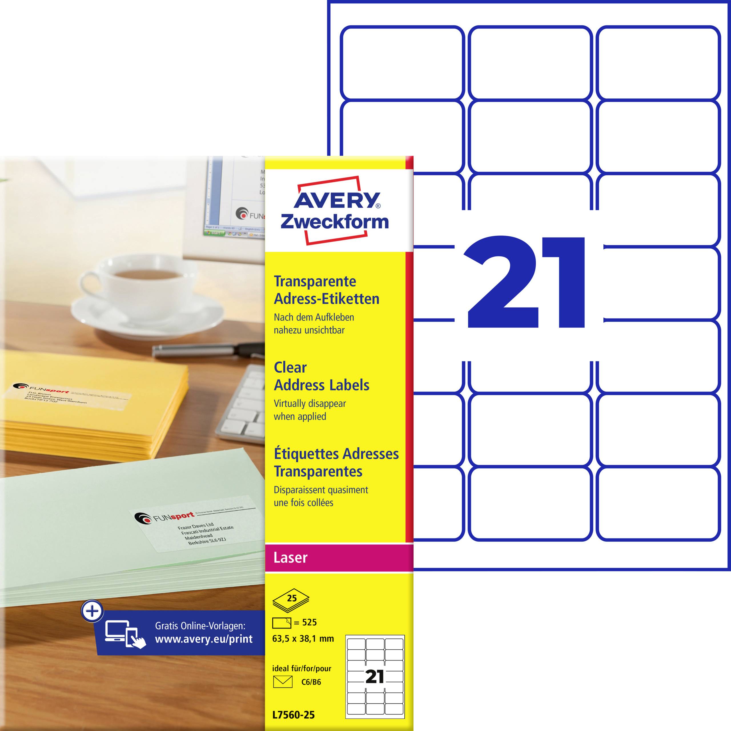 Avery Zweckform transparenta adressetiketter, produktförpackning för laserskrivare, storlek 63,5 x 38,1 mm, 21 etiketter per ark.