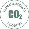 En rund stämpel med texten 'Klimaneutralt CO2-produkt', med ett stort 'CO2' i mitten.