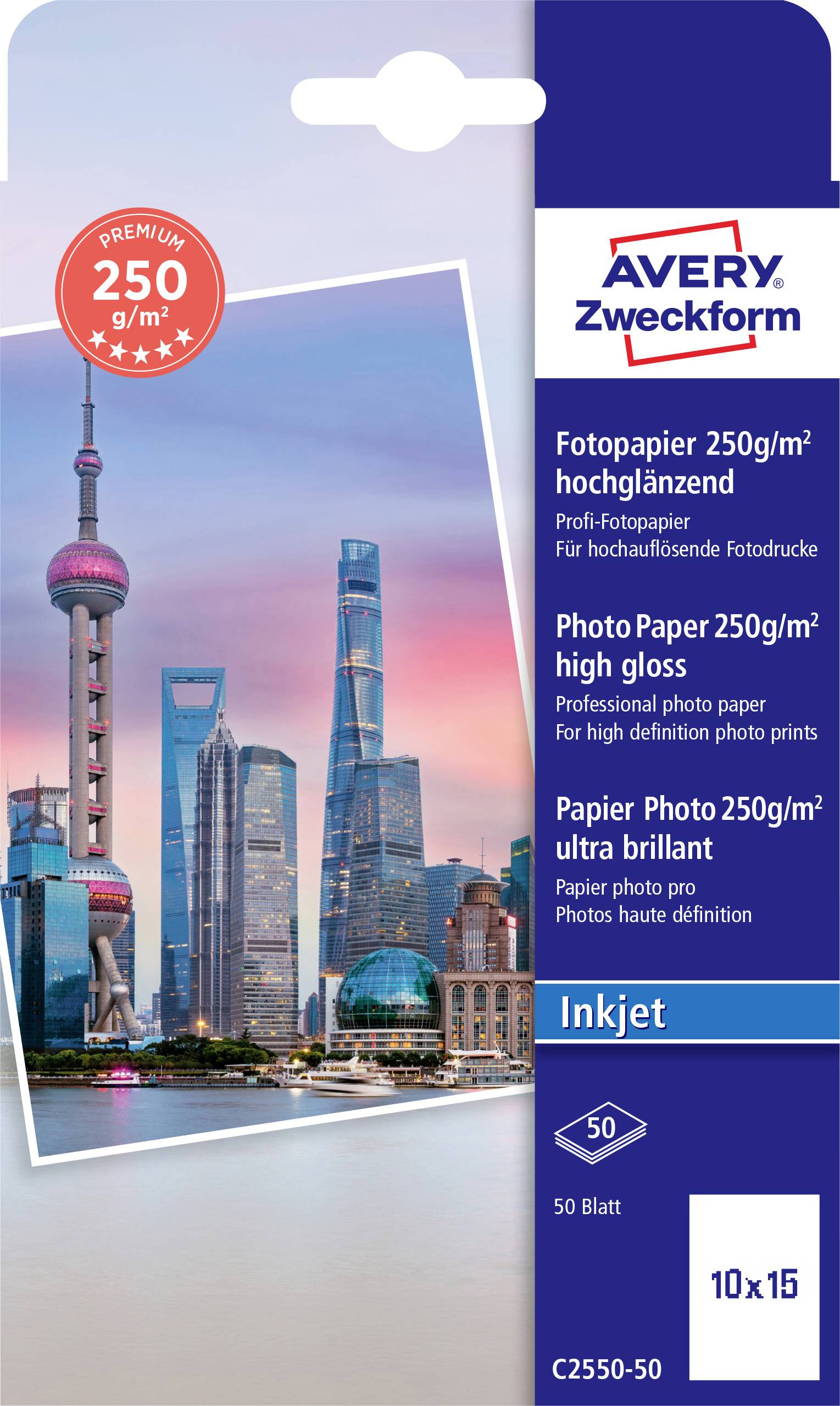 Avery Zweckform högglans fotopapper, 250 g/m², 50 ark, 10x15 cm, med ett exempelfoto av en stadsskyline på framsidan.