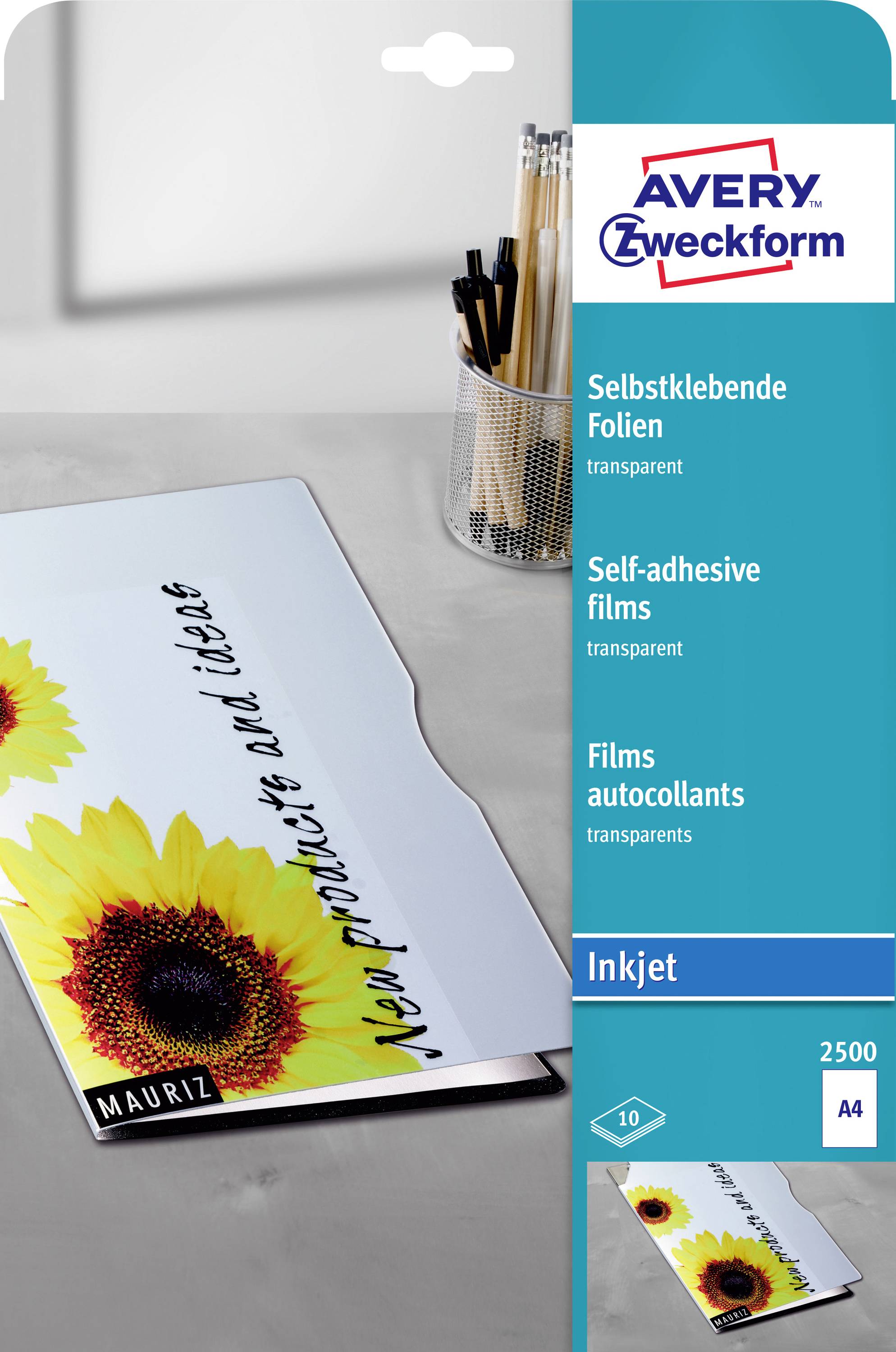 Avery Zweckform självhäftande transparent bläckstrålfilm paket med ett exempel A4-ark med solrosor och texten 'Never stop being unique'.