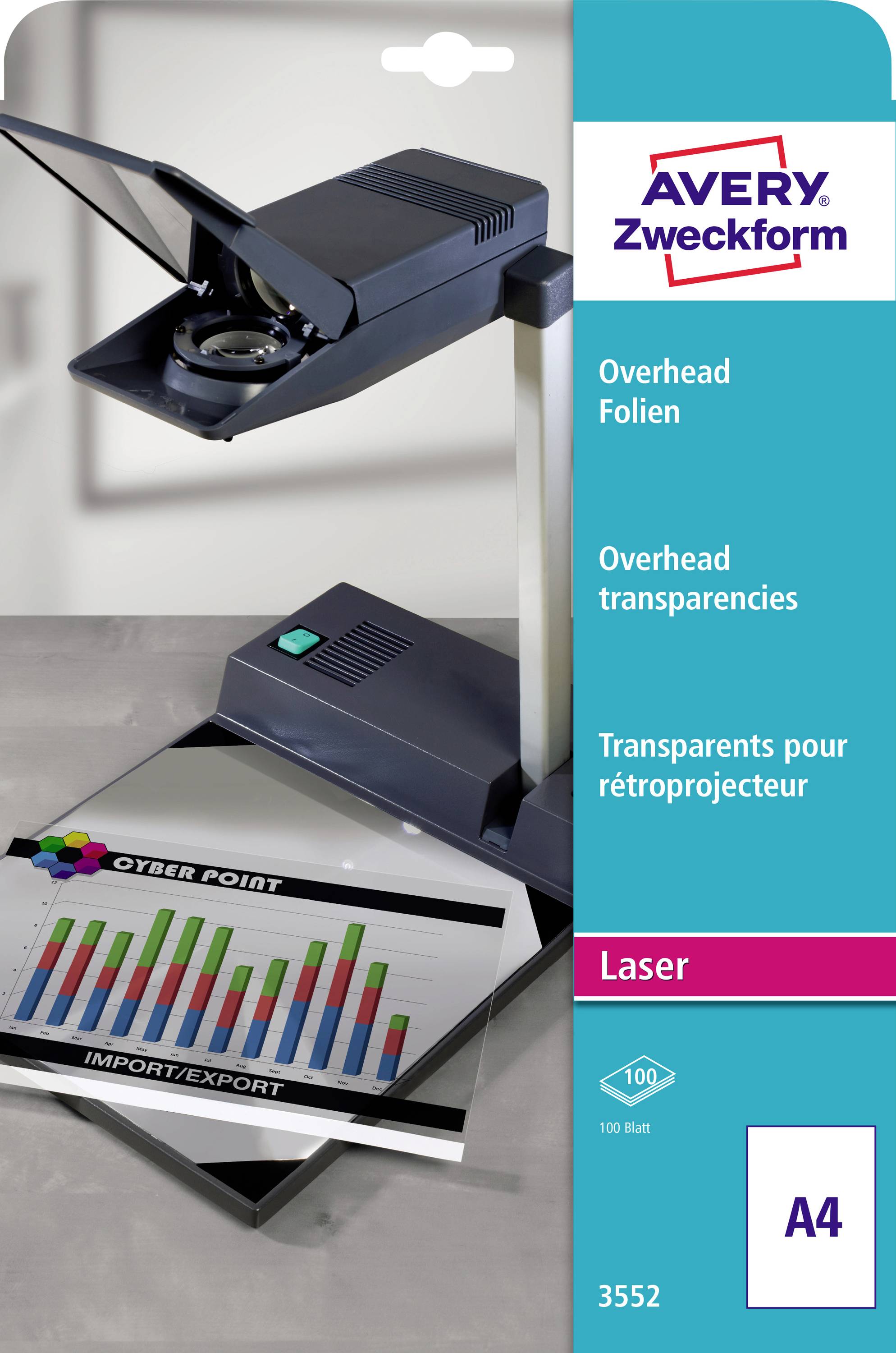 Avery Zweckform A4 lasertransparanger paket som visar en overhead-projektor och ett utskrivet exempelblad med flerfärgade stapeldiagram.