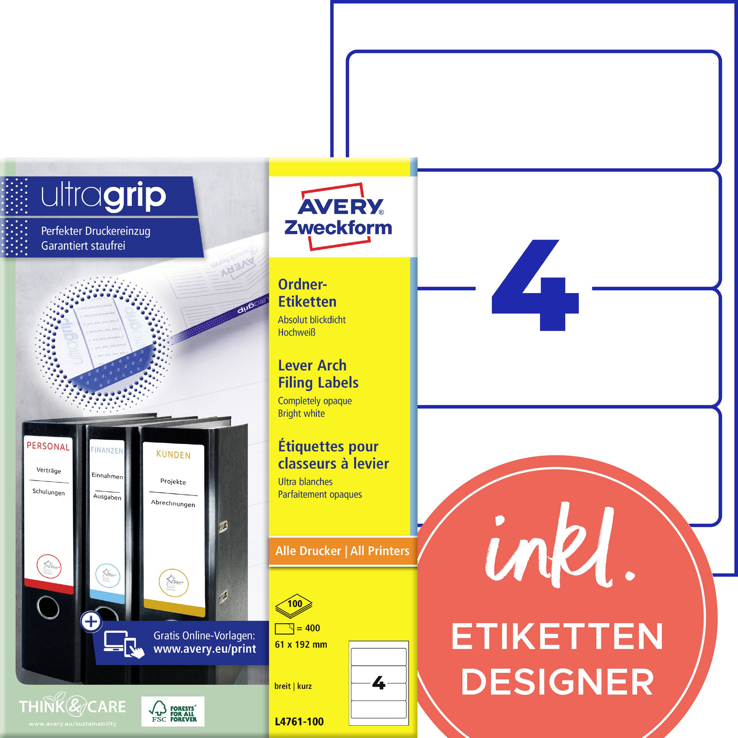 Avery Zweckform ryggetiketter för 4 ringpärmar, med inkluderad etikettdesigner och mallhäfte som visas på förpackningen.