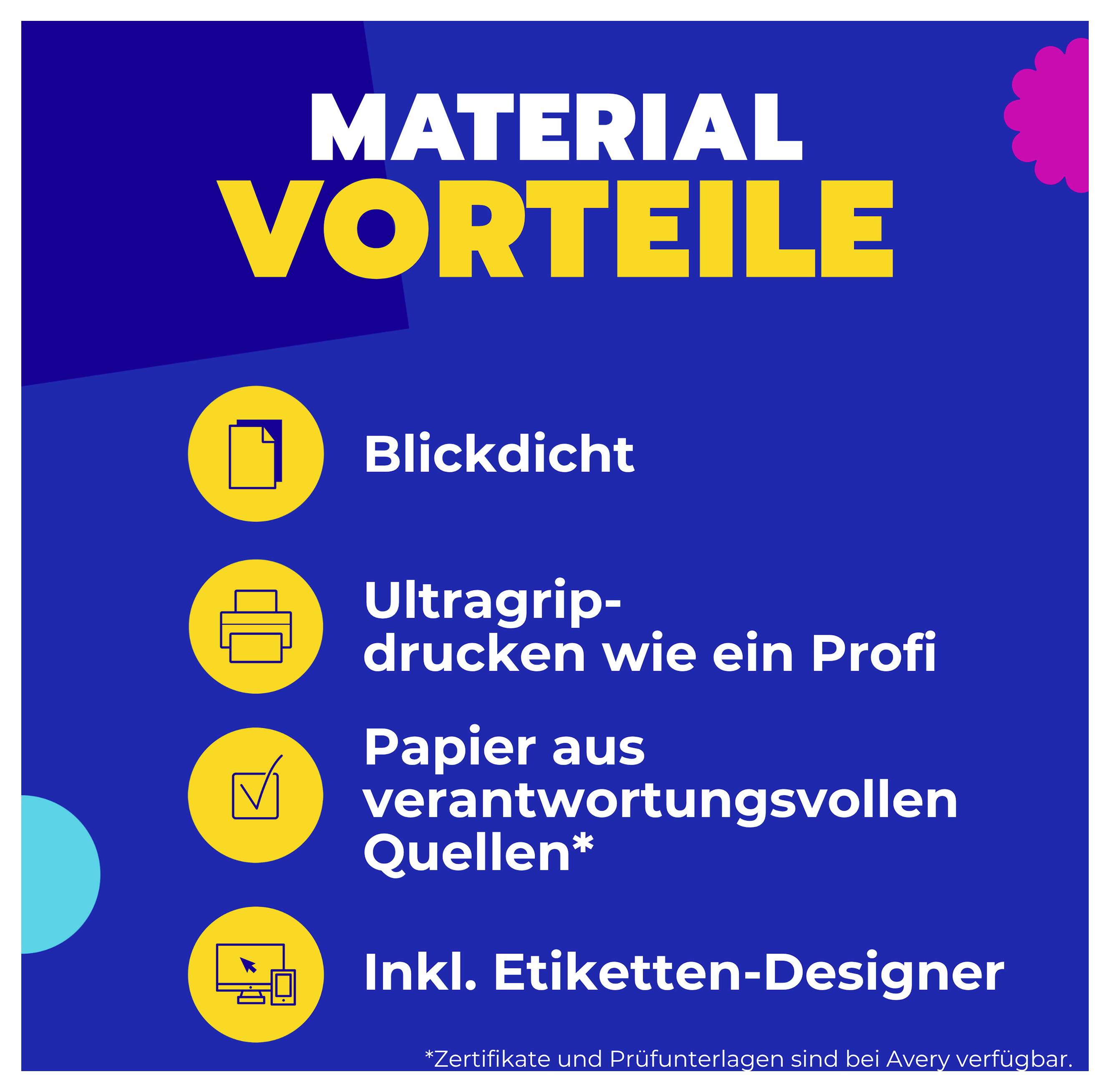 Infografik om materialfördelar: 'Opacitet', 'Ultragrip-tryck som en proffs', 'Papper från ansvarsfullt framställda källor', 'Inkl. etikettdesigner'.