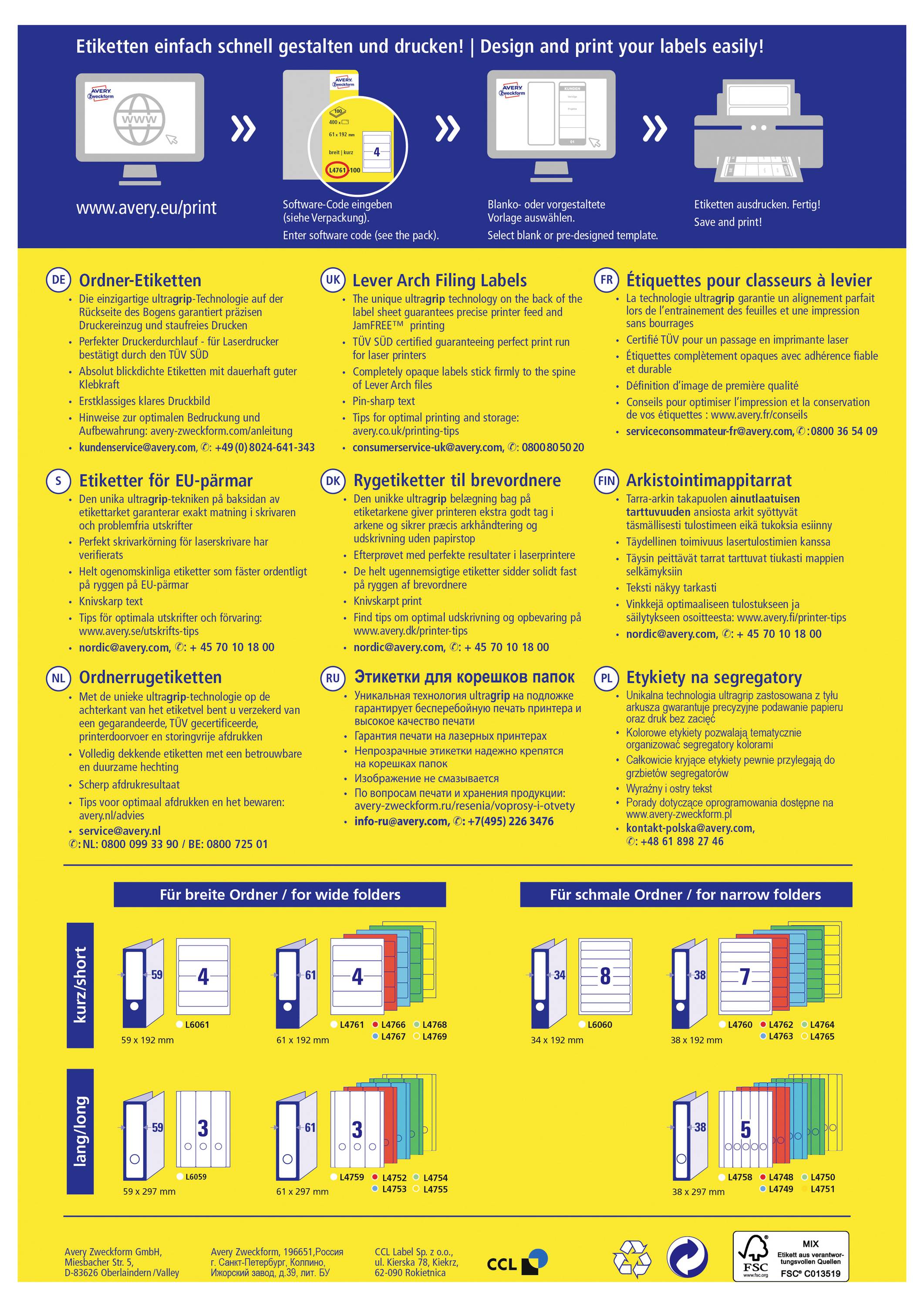 # Instruktionaffisch för utskrift av etiketter och arkivmappar, med steg högst upp och flerspråkiga produktalternativ och storlekstabeller nedan.
