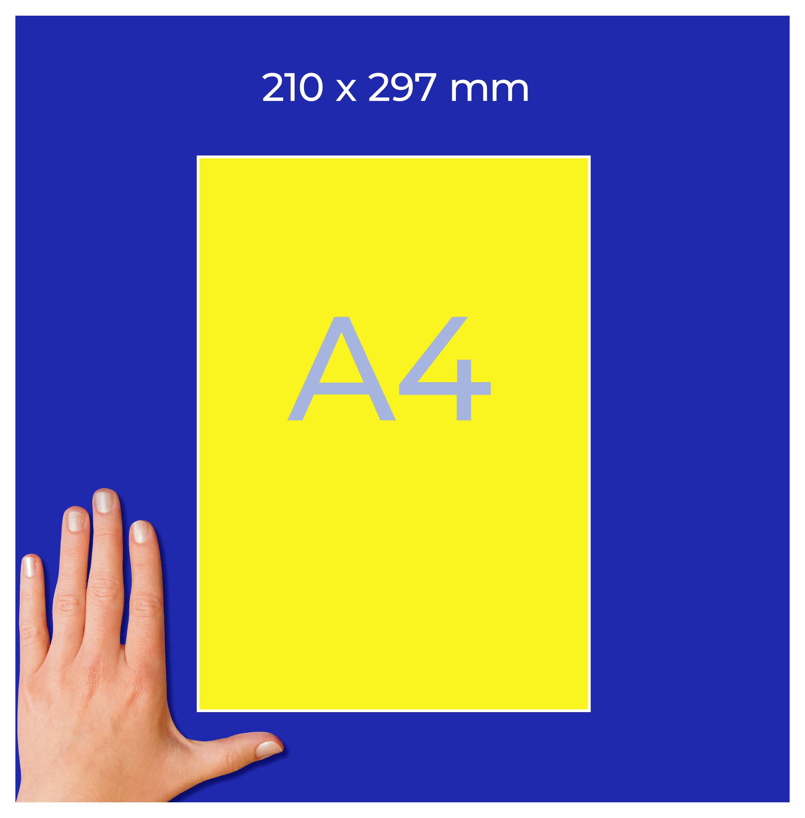 A4-format 210 x 297 mm, framställd som ett gult blad på blå bakgrund med en hand som storlekssammanställning.