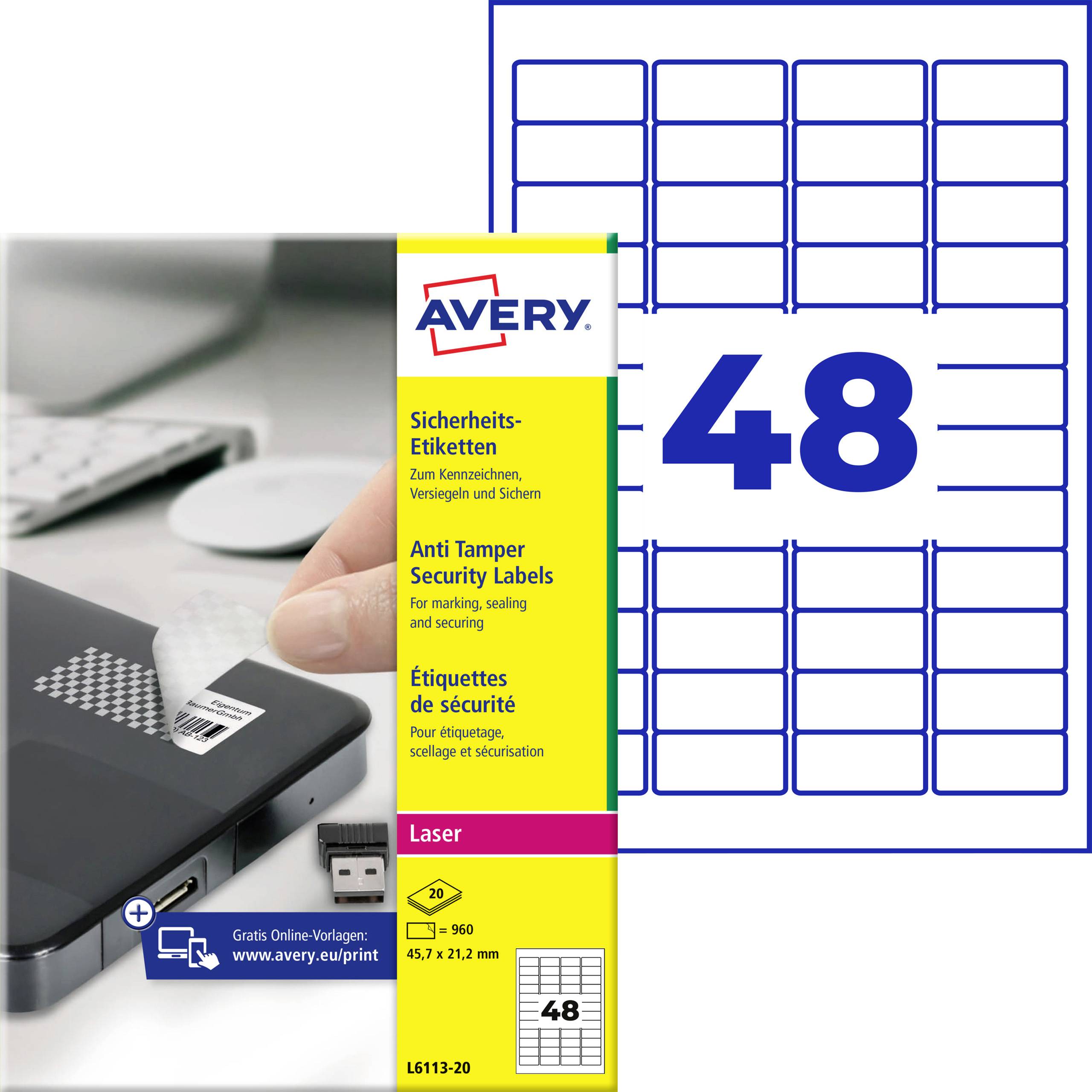 Ett Avery-säkerhetsetikettkort med 48 etiketter, visas med en skrivare och en etikett som lossnar från en enhet, för märkning och säkring av föremål.
