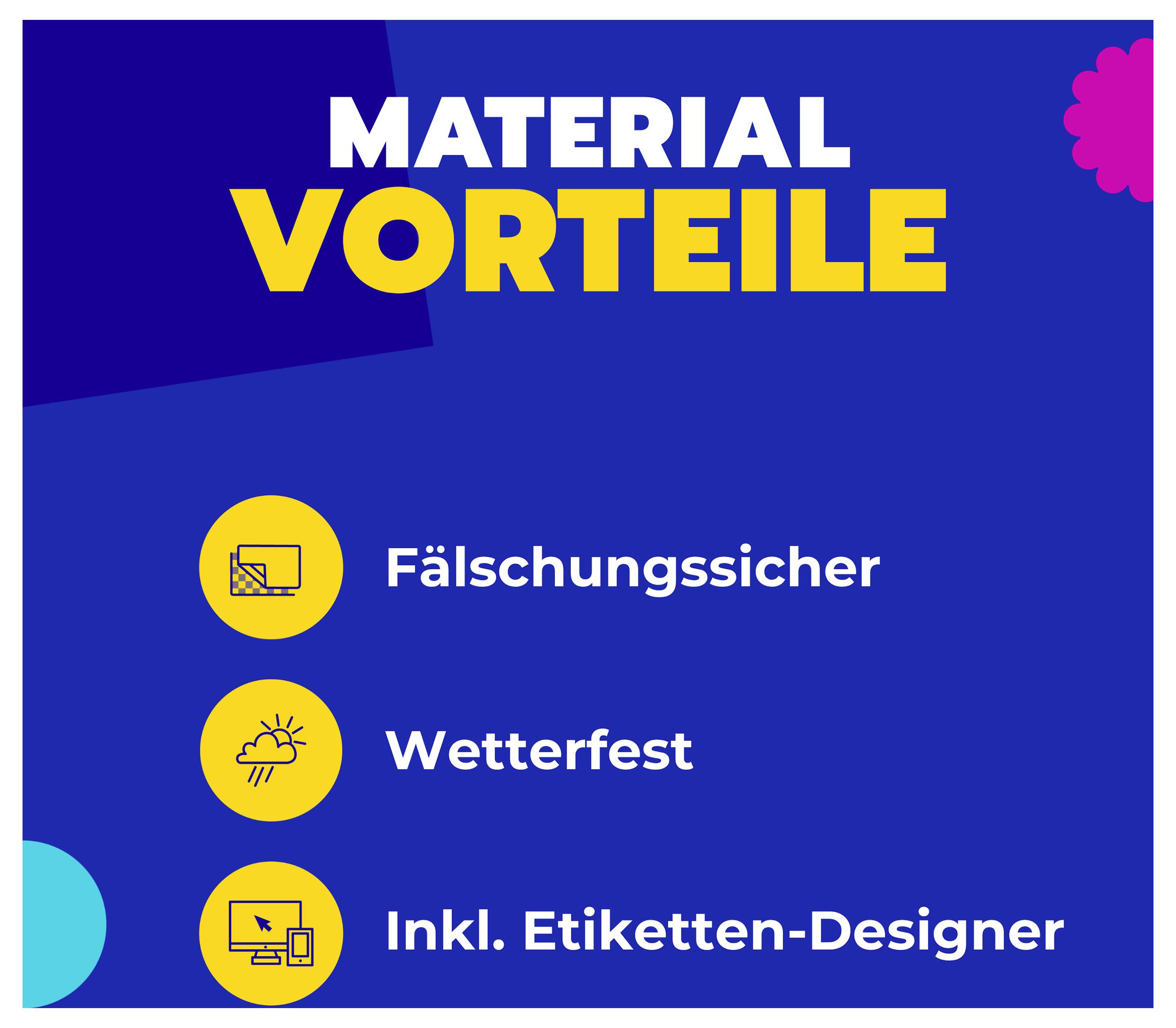 Infografik om materialfördelar: 'Förfalskningssäker', 'Väderbeständig' och 'Inkl. etikettdesigner' på blå bakgrund.
