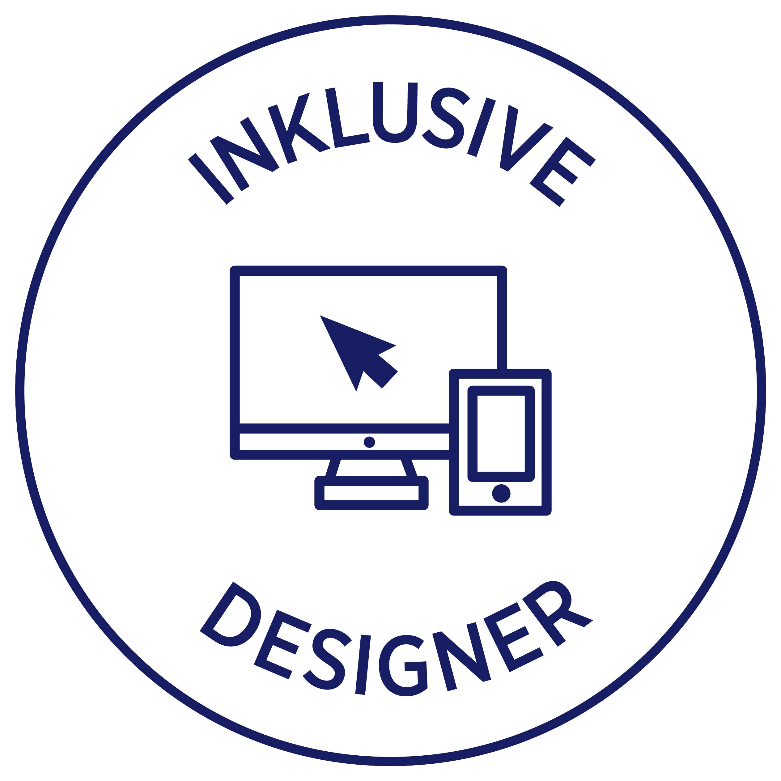 Rundt logotyp med texten "INKLUSIV DESIGNER" och symboler för stationär dator, muspekare och smartphone.