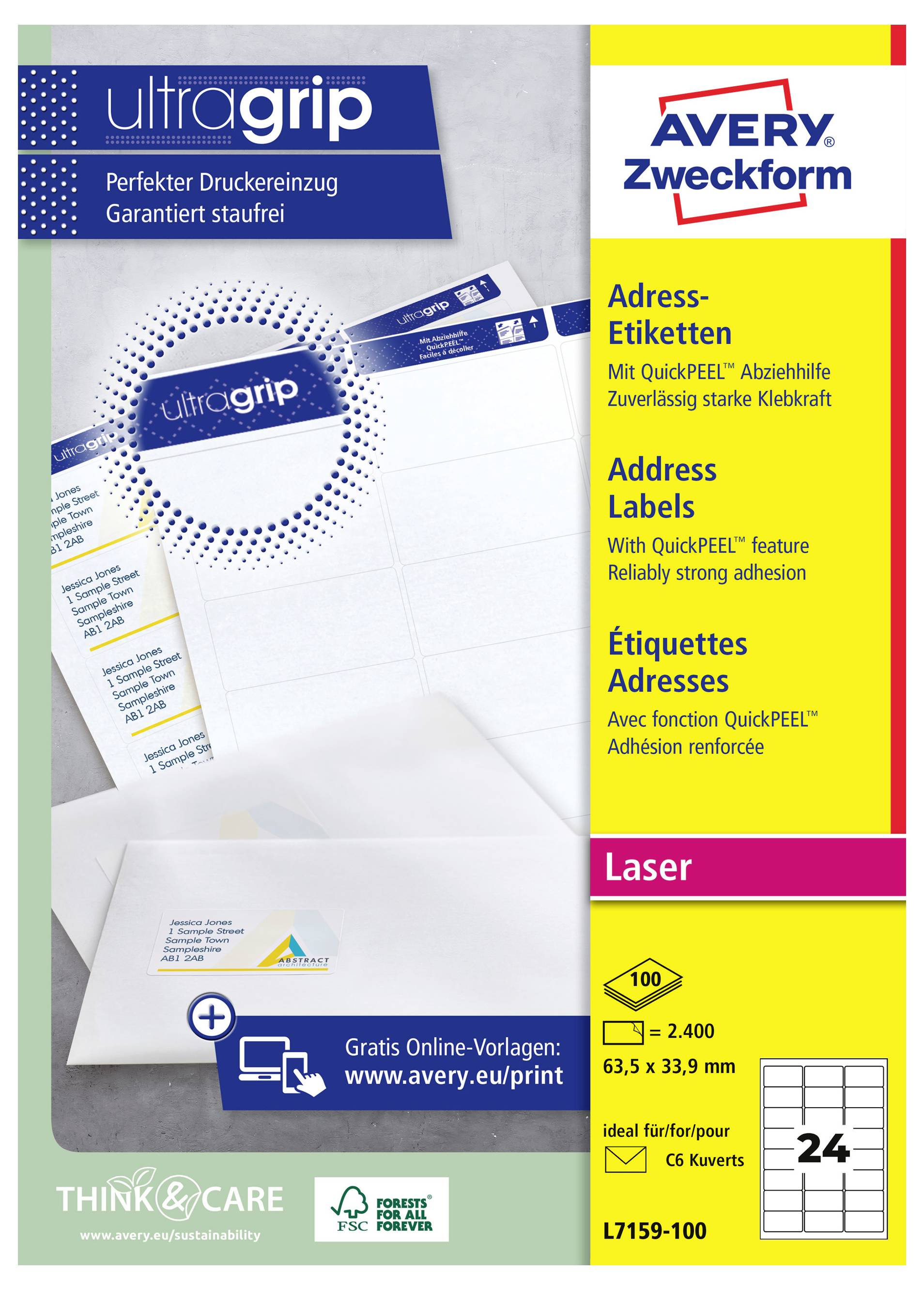 Avery Zweckform "ultragrip" Laser-Adressetiketten Paket in Deutsch, Englisch und Französisch, mit hochklebenden weißen Etikettenbogen und 24 Etiketten pro Bogen.