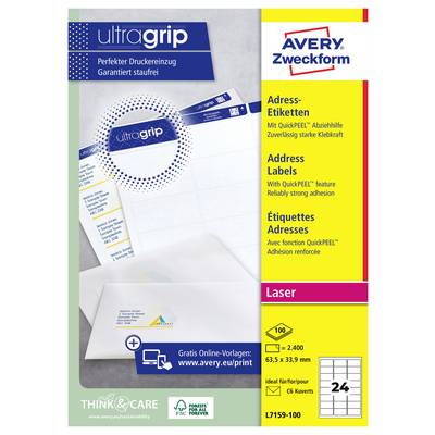 Avery Zweckform "ultragrip" Laser-Adressetiketten Paket in Deutsch, Englisch und Französisch, mit hochklebenden weißen Etikettenbogen und 24 Etiketten pro Bogen.