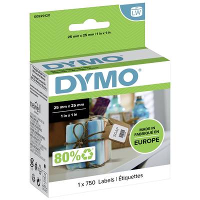 Produktförpackning för DYMO-etiketter med 'Tillverkad i Europa'-logotyp och information om 80% återvinningsinnehåll, 750 etiketter.
