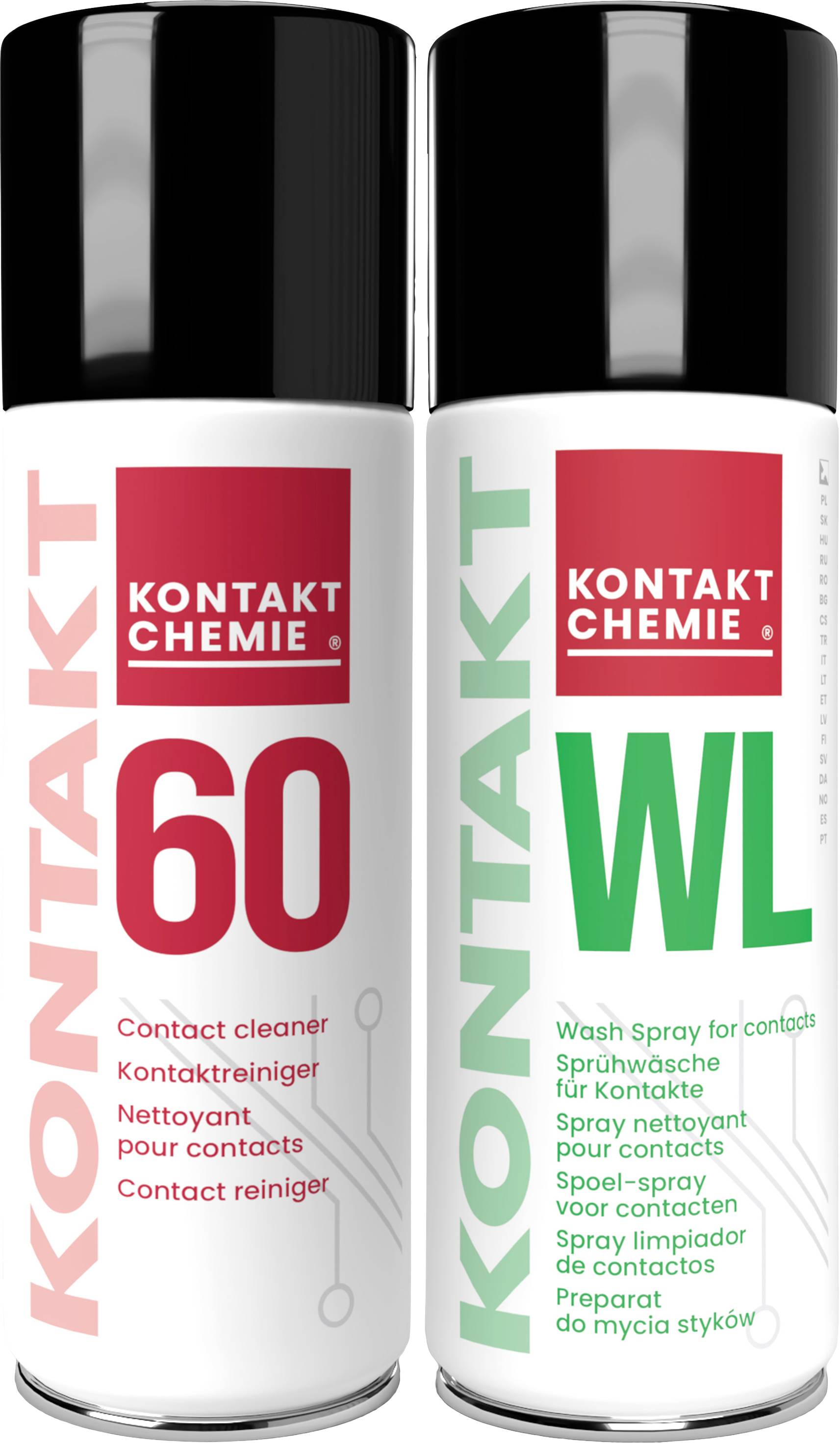 Två sprejburkar från märket 'Kontakt Chemie'. Till vänster: Kontakt 60, en kontaktrengöring. Till höger: WL, en tvättspray för kontakter.