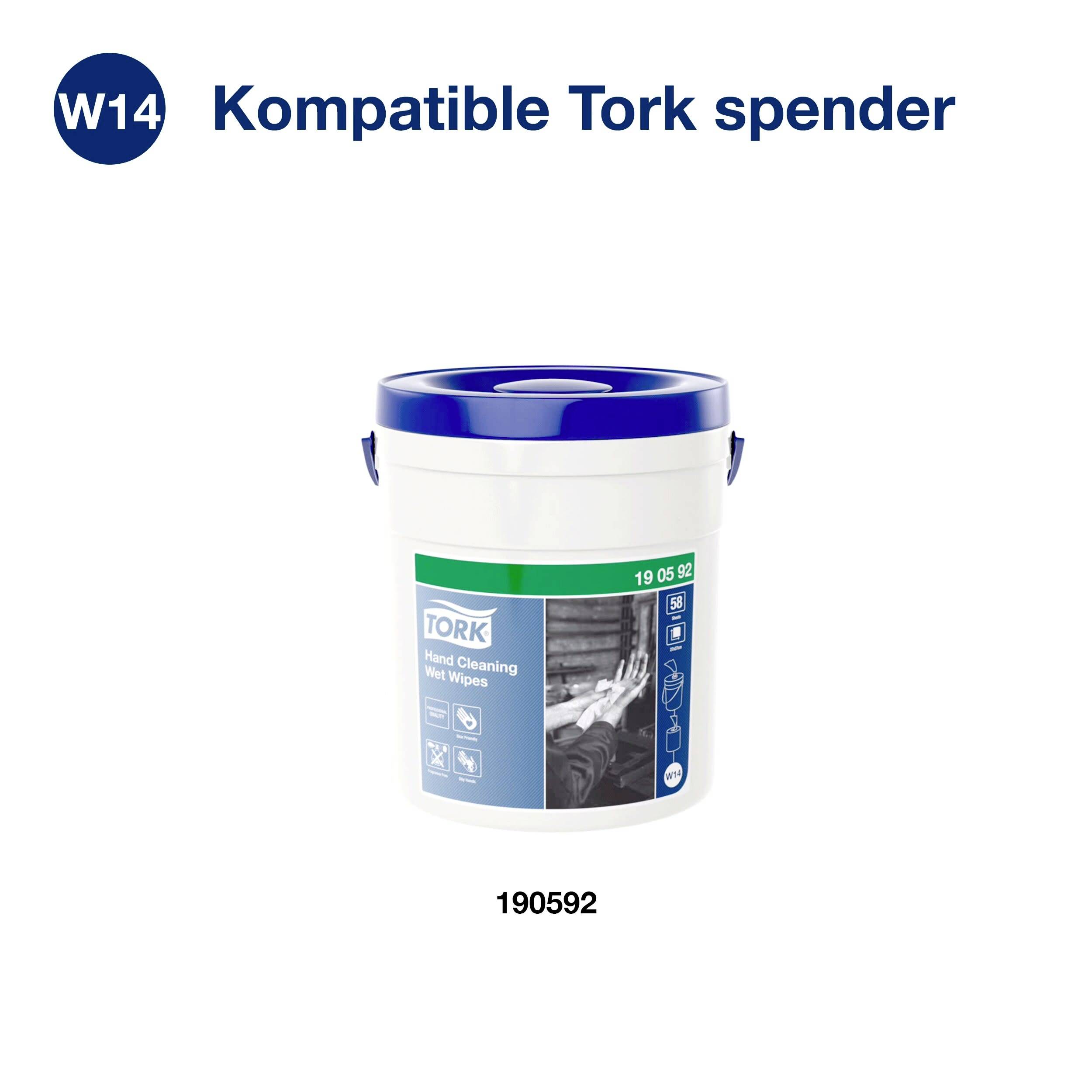 Hink med påskriften 'Tork Handrengöringsdukar', avbildad framför vit bakgrund. Textelement: 'Kompatibla Tork-dispensrar', artikelnummer '190592'.