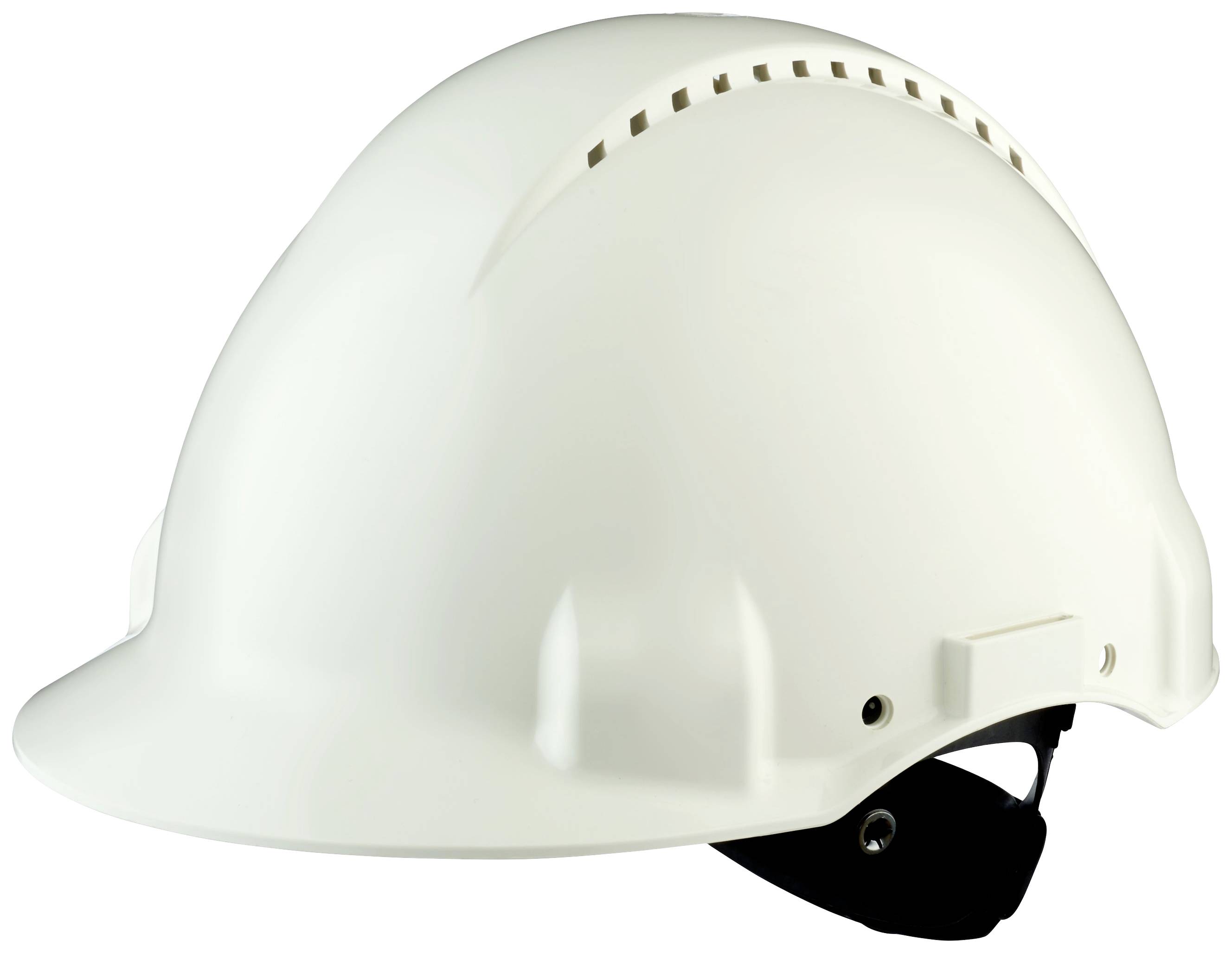 En vit skyddshjälm av plast med ventilationshål, sedd från sidan.
