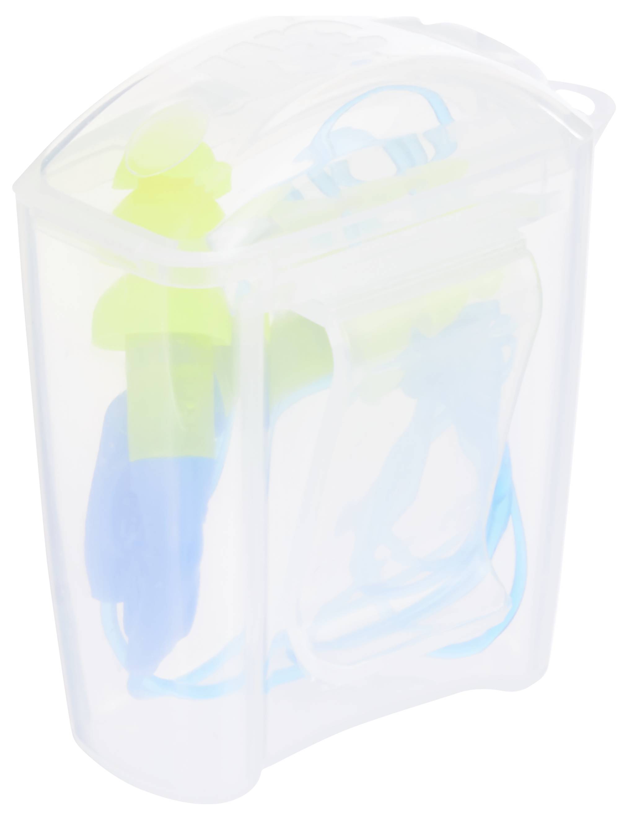 Ett genomskinligt plastfodral innehåller blå och gula öronproppar med kabel, som används för hörselskydd och bullerdämpning.