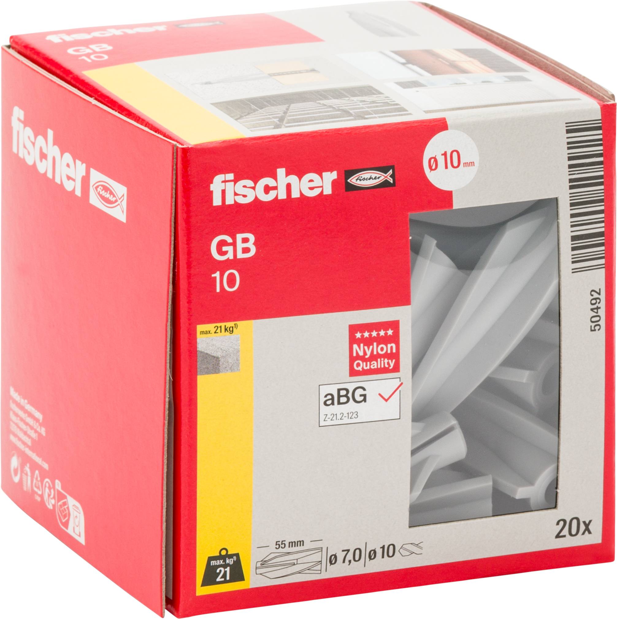 Red Fischer 'fischer GB 10' paket för 20 nylonväggankare, visar en storlek på 10 mm och produktbild på framsidan.