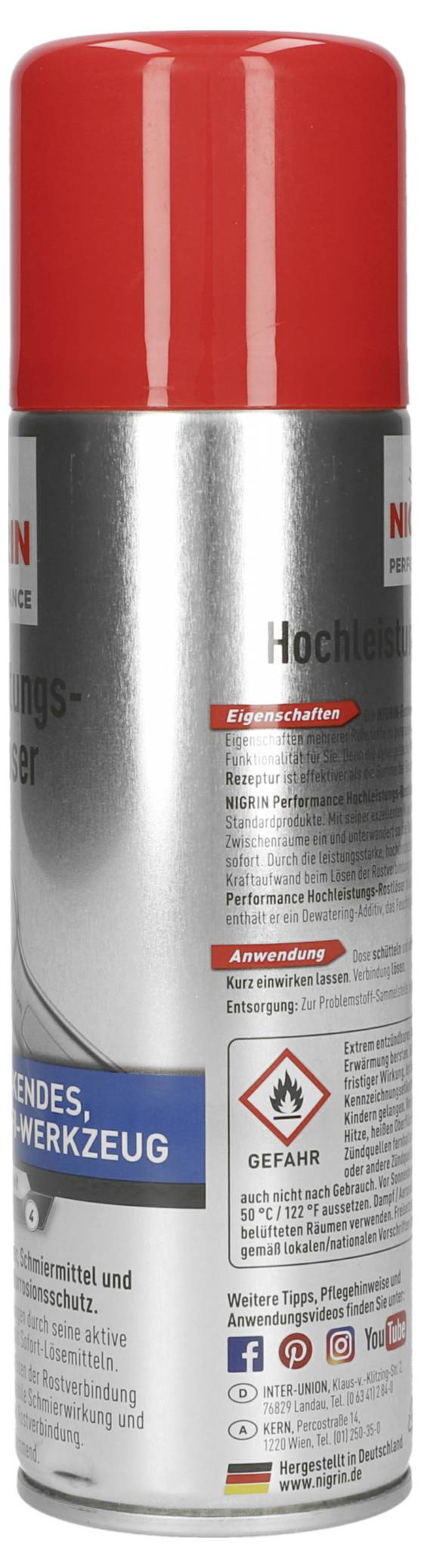 En hög silverfärgad sprejburk med en röd kork som har tysk text som beskriver ett högpresterande rengöringsmedel. Innehåller farosymboler och bruksanvisningar.