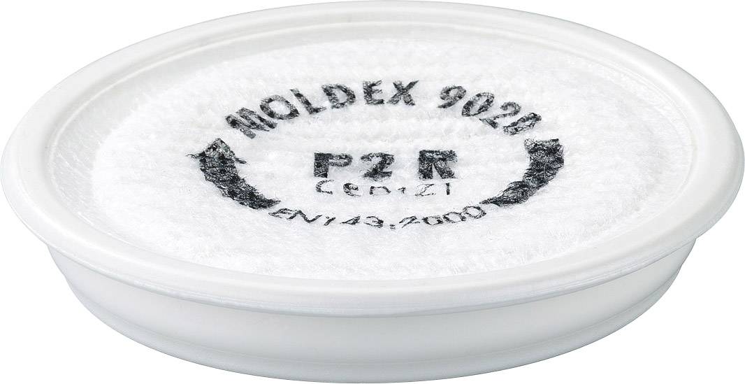 Rundfilter med påskrift Moldex 9020 P2 R EN 143:2000 CE 0121. Engångs-andningsskyddsfilter för partiklar, i vit plastförpackning.
