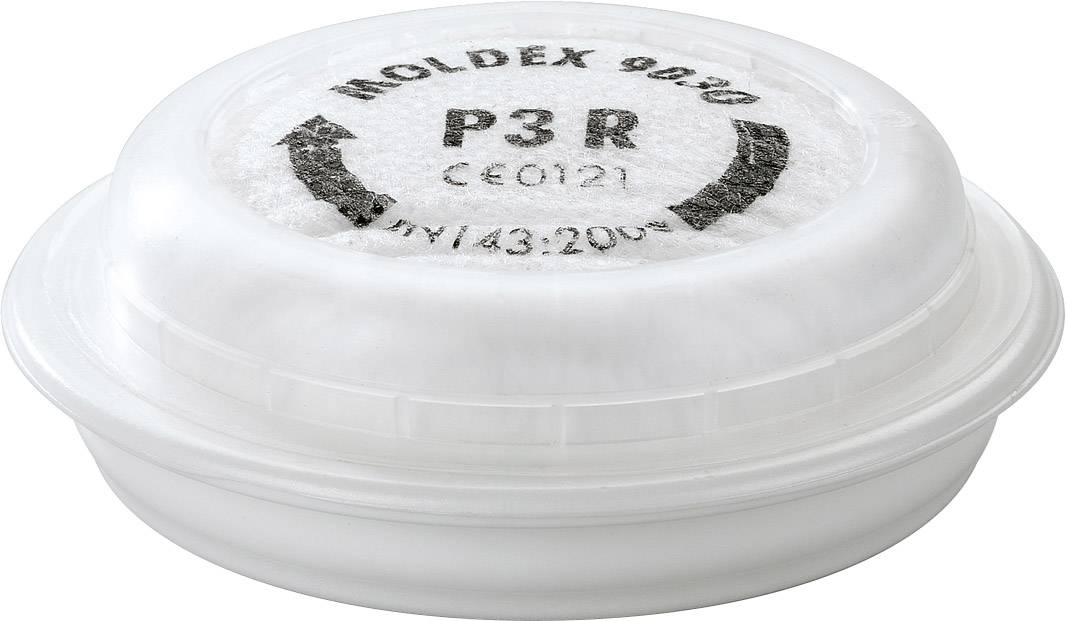 Rundformad andningsskyddsfilter med texten 'Moldex 9030 P3 R CE0121 EN143:200'. Lämplig för filtrering av partiklar.