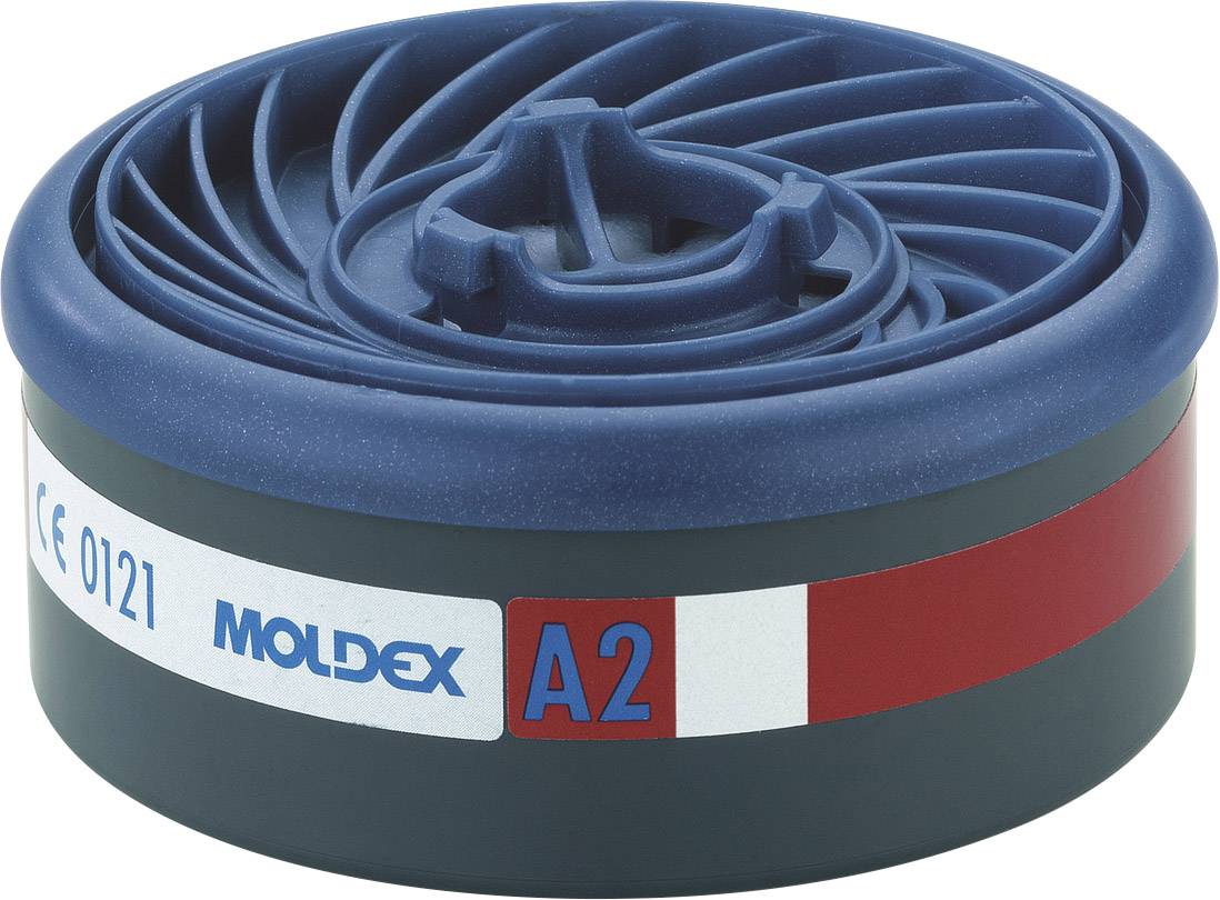 Rund, blå andningsfilter från Moldex märkt A2 för skydd mot organiska gaser och ångor.