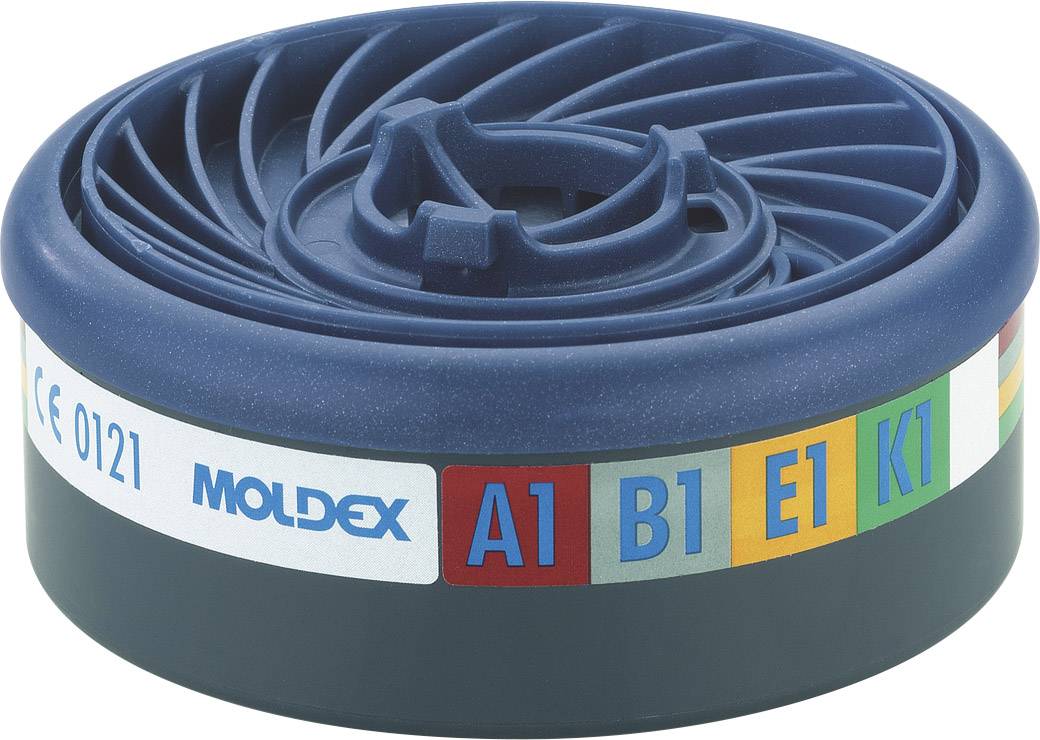 Andningsfilter med flera färgmarkeringar och texten 'Moldex A1 B1 E1 K1', lämpligt för olika gaser.