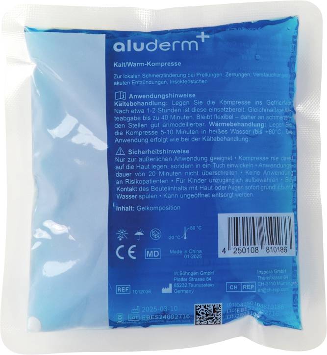 En blå gelkompressförpackning för kyla/värme med 'aluderm+' varumärke och bruksanvisning på tyska, avsedd för skador och inflammationer.