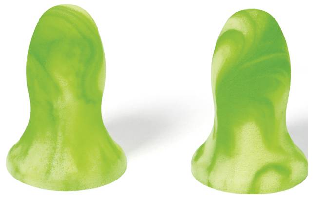 Två gröna och gula marmorerade skumöronpropp med klockform, utformade för bullerdämpning.