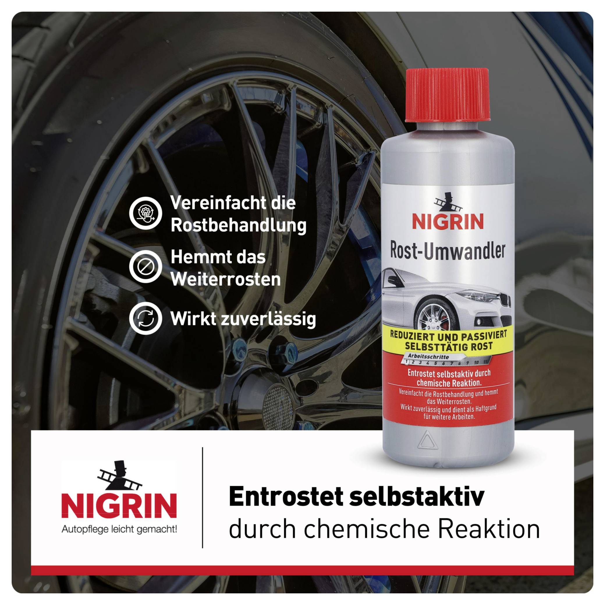 'Nigrin Rost-Umwandler' flaska framför bildäck; Text: 'Förenklar rostbehandlingen, hindrar fortsatt rostangrepp, verkar pålitligt'.