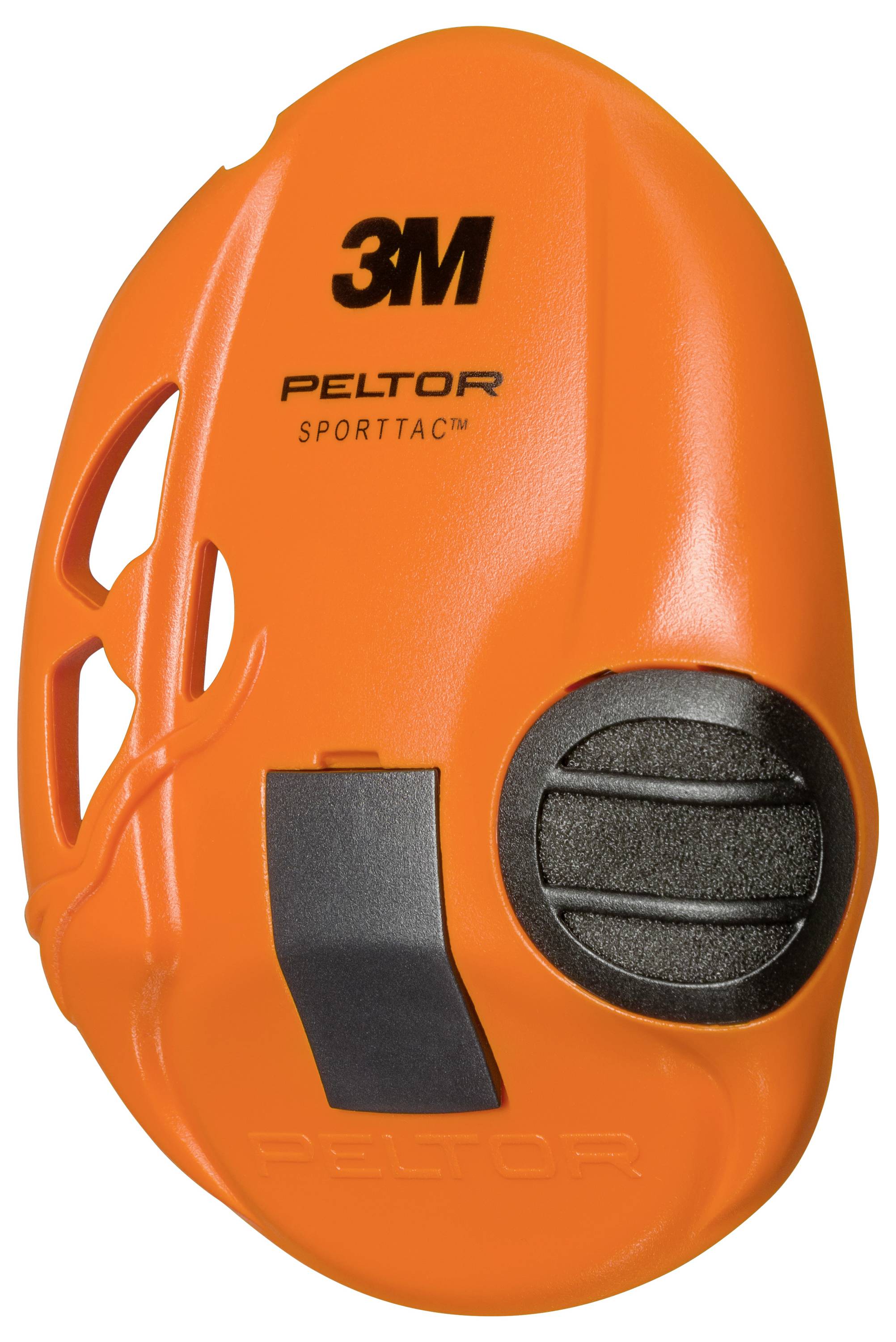 Orange 3M Peltor SportTac hörselskydd öronskål med svarta kontroller och ventilerad design.